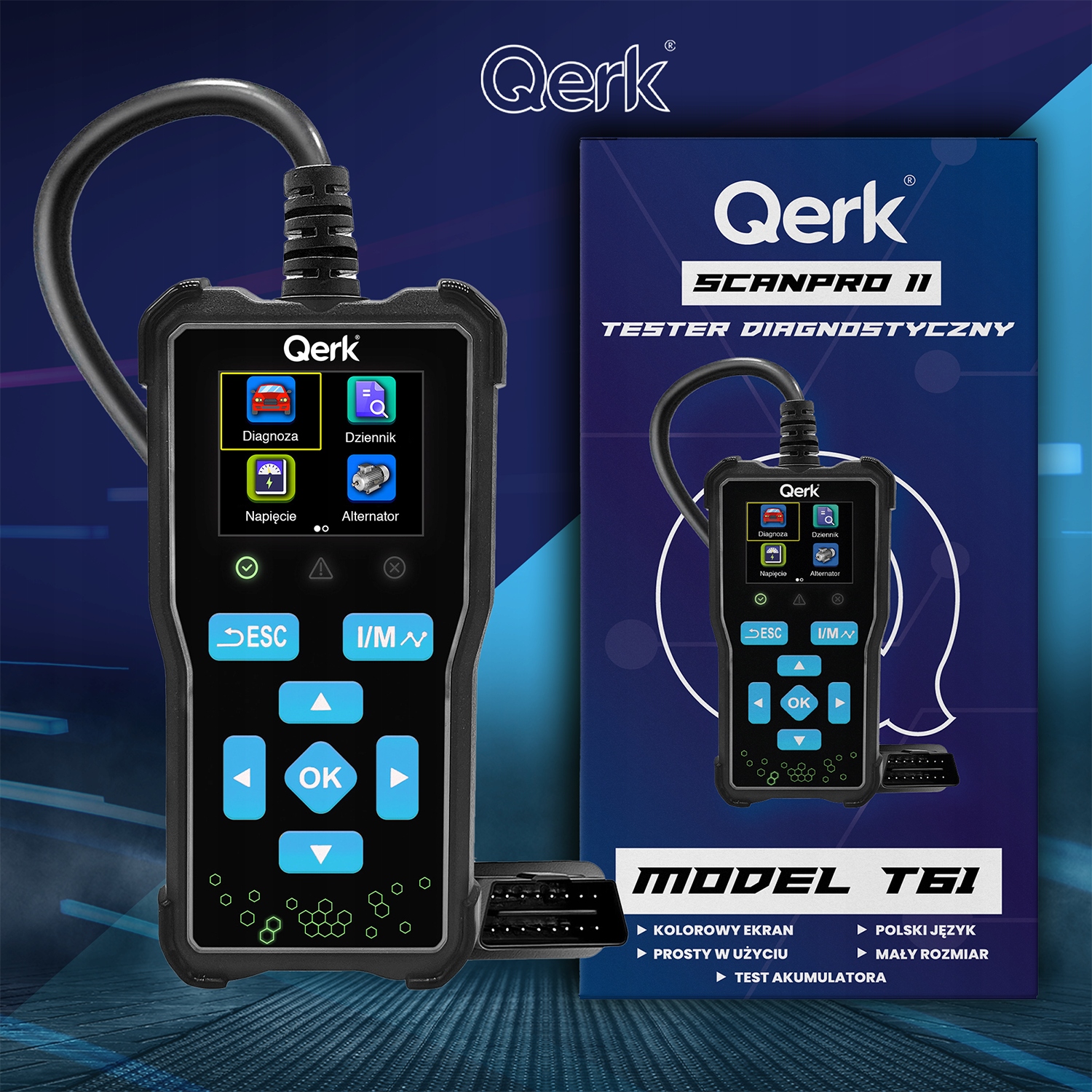 QERK T61 OBD2 automobilio klaidų diagnostikos skeneris su 2,36 col. ekranu