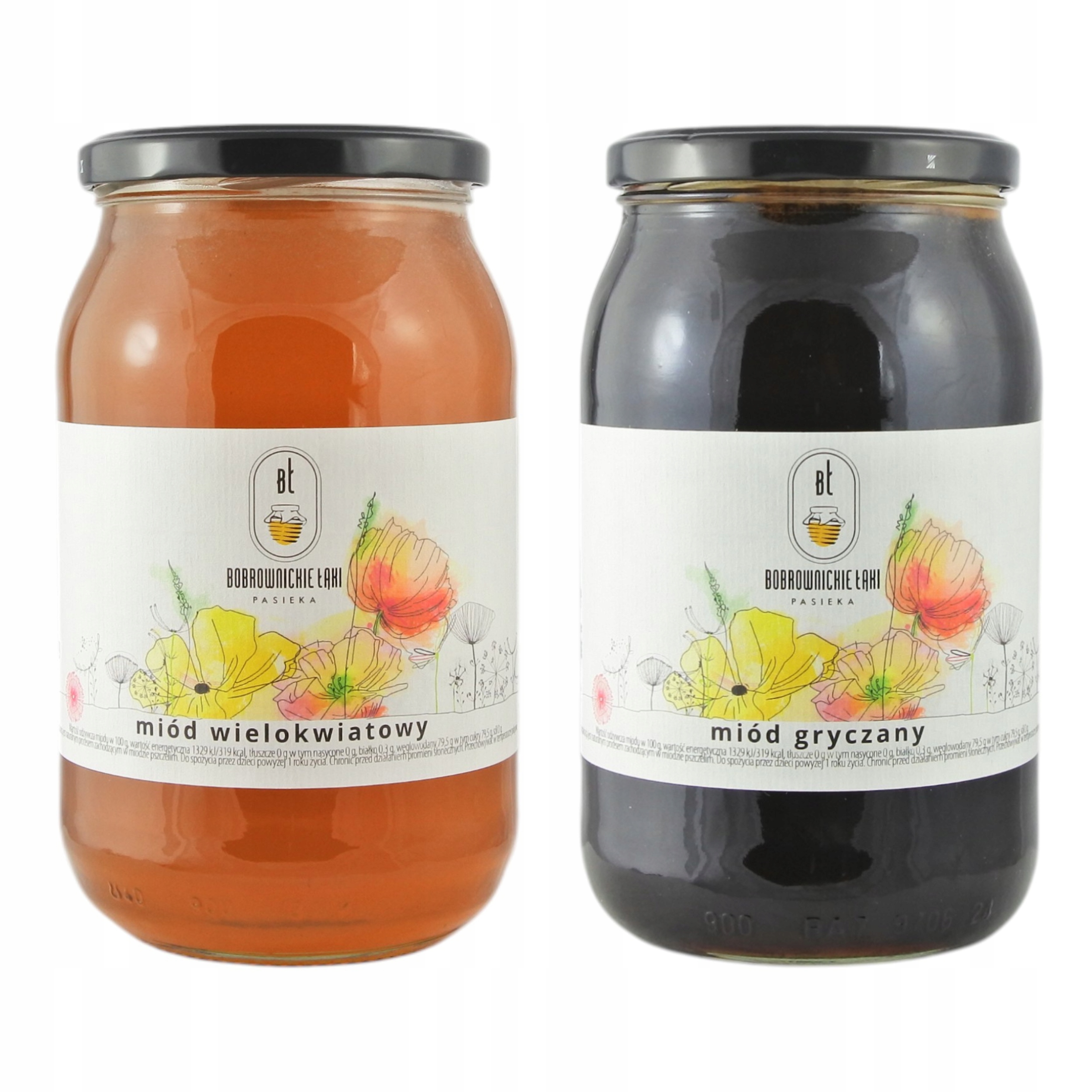 Zestaw 2 Miody Polskie 1,2 kg Gryczany Wielokwiatowy Bobrownickie Łąki