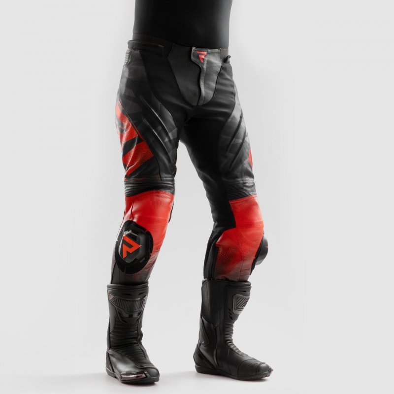 Kožené Motocyklové Nohavice Rebelhorn Inferno Black Fluo Red 56