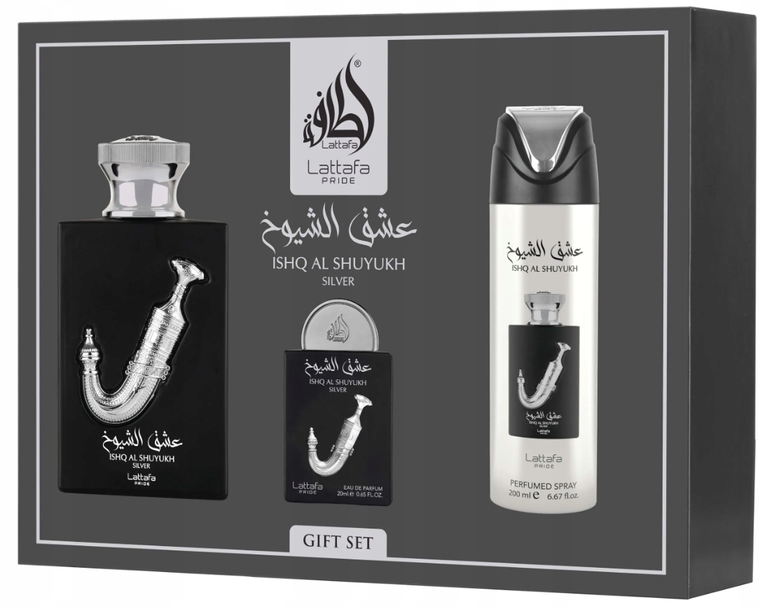 Lattafa Ishq Al Shuyukh Silver 100ML 20ML deka 200 ML Dárková Sada