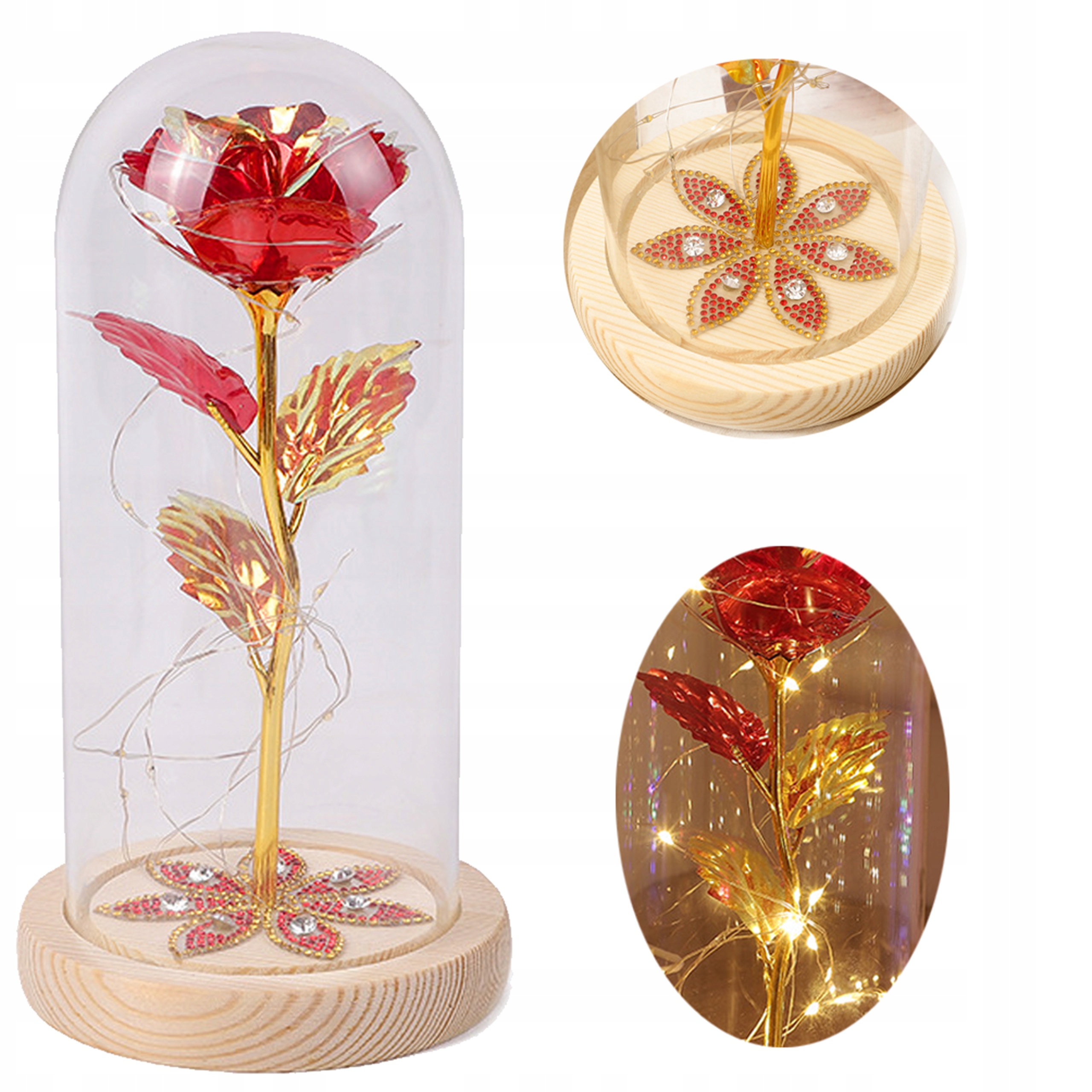 Červená Zlatá Umělá Stabilizovaná Růže Ve Skle Led Dárek Ke Dni Matek