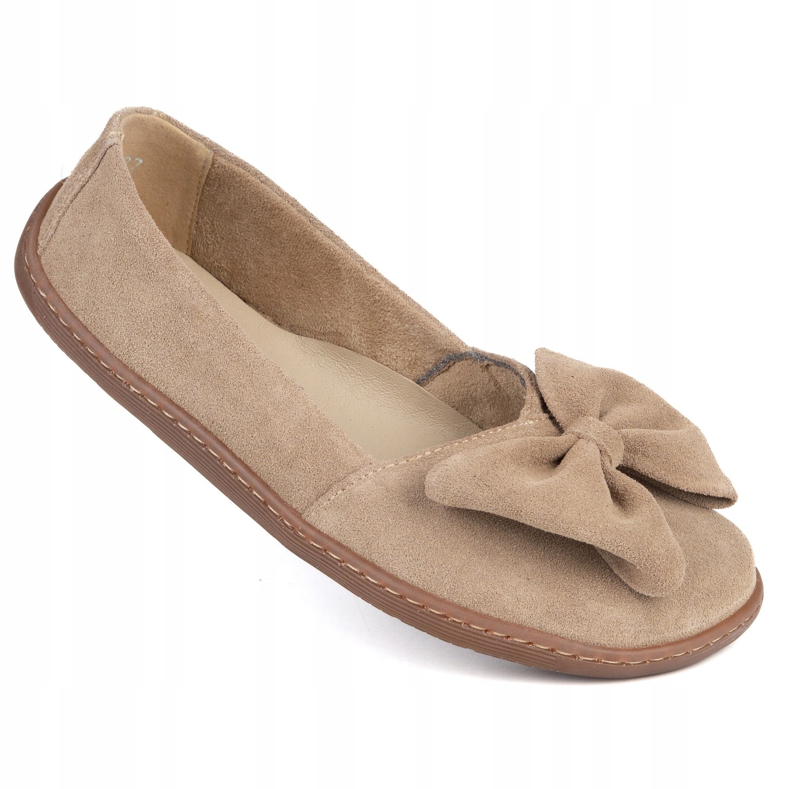 Dámské kožené barefoot baleríny Leonor Zero Drop s mašličkou, béžové, velikost 38