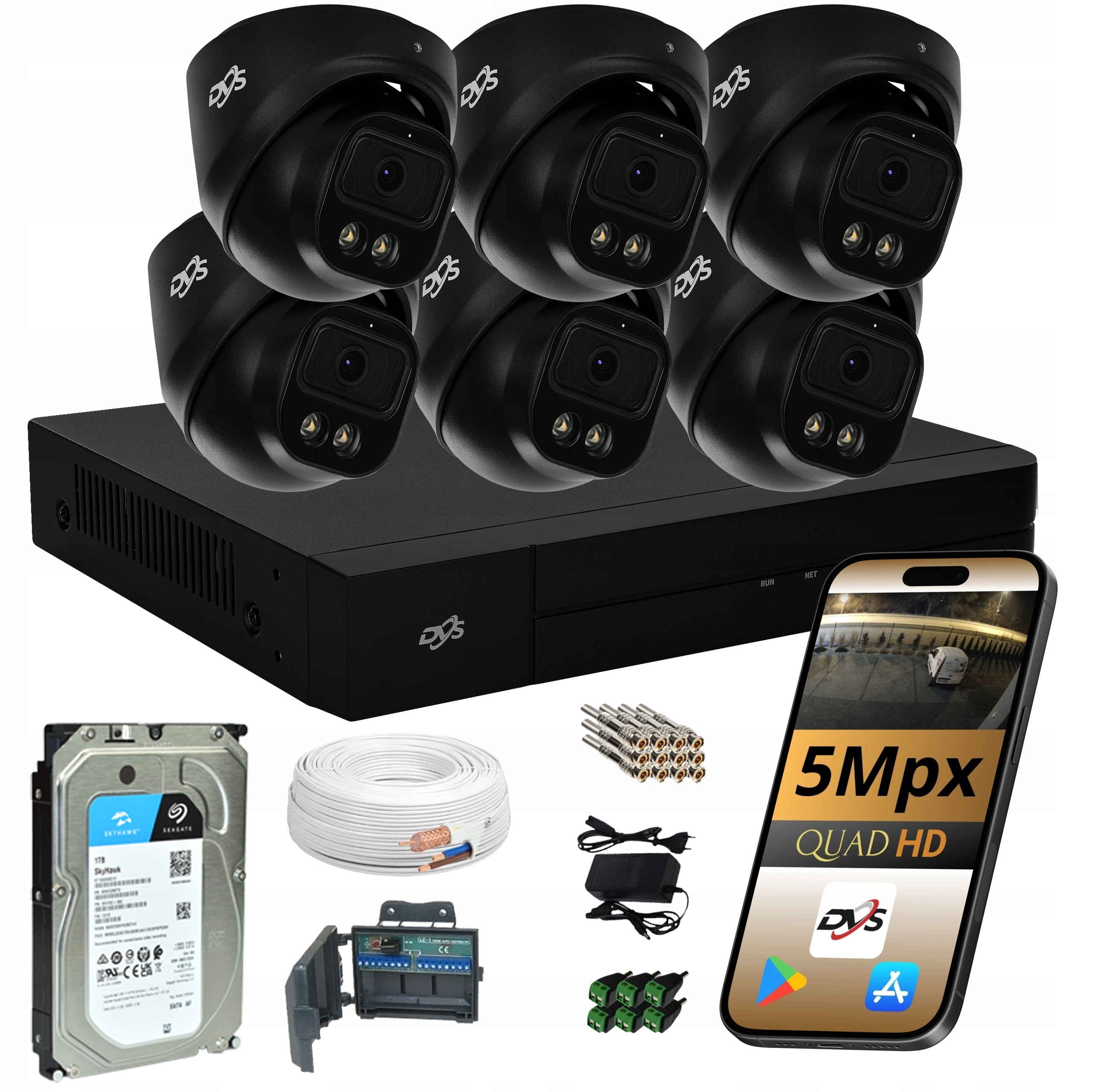 Sada 6 Černých Venkovních Kamer Analogová Kamera 5Mpx Dvs 1TB