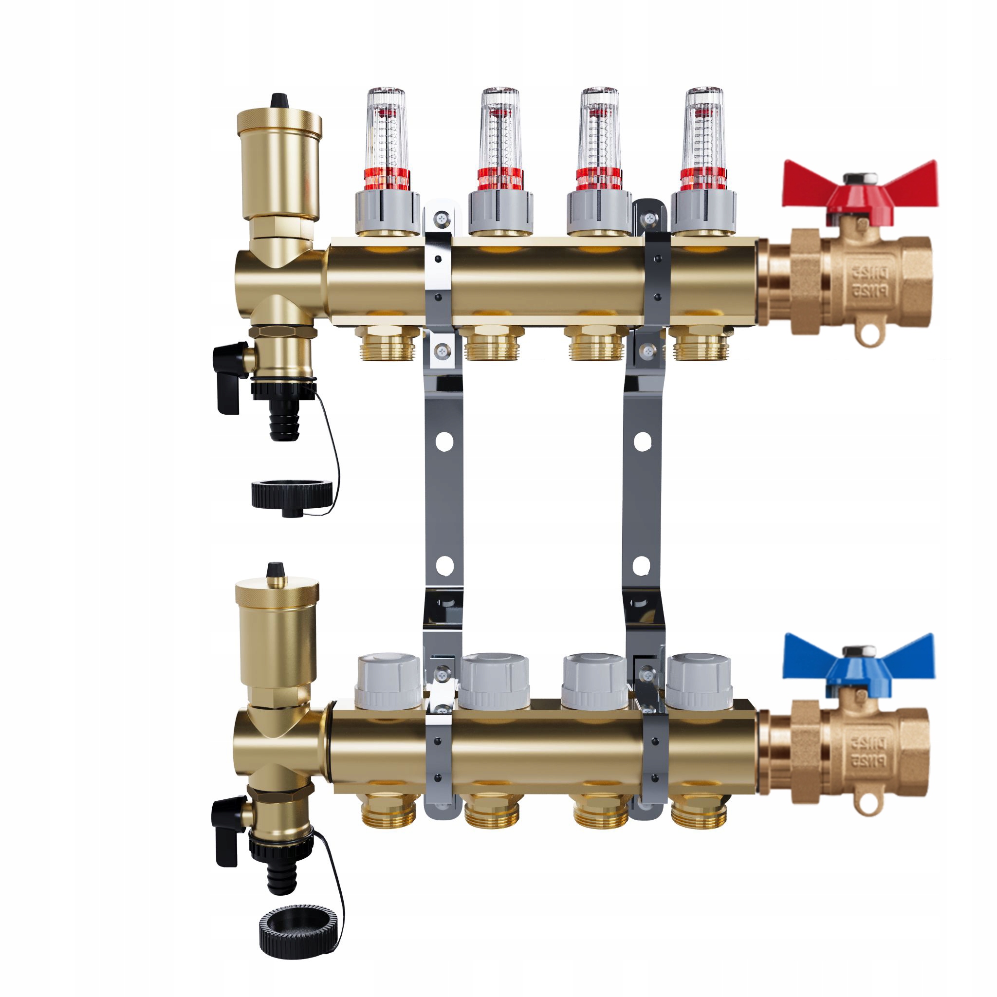 Rozdělovač pro podlahové vytápění – 4 okruhy přímé kulové ventily