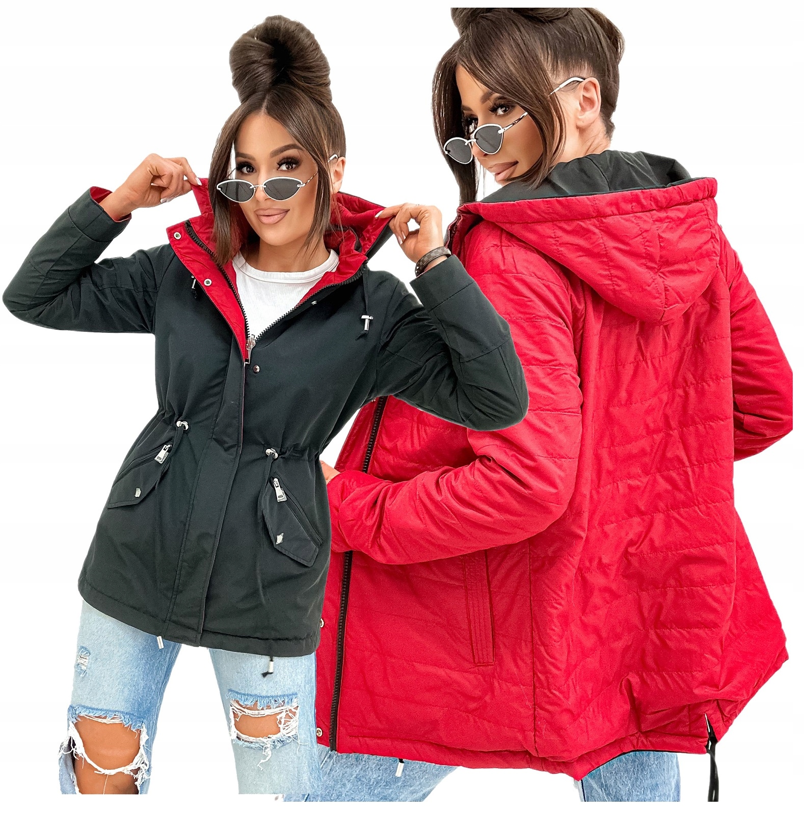 KURTKA DAMSKA WIOSENNA PRZEJSCIOWA PARKA DWUSTRONNA CZARNA W82