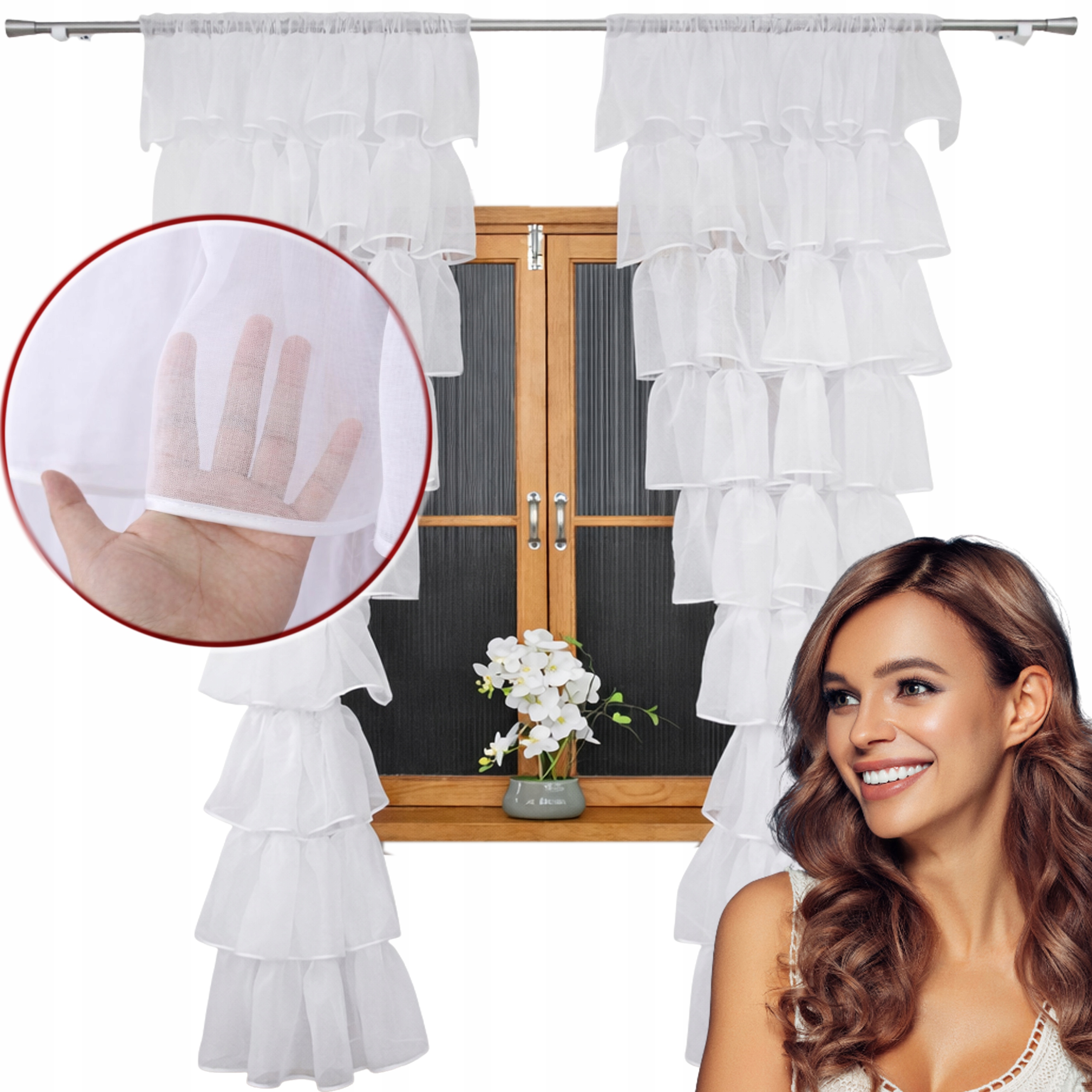 Firana Gotowa Biała Z Etaminy 135x250 Z Falbanami Do Salonu Na Taśmie 1SZT