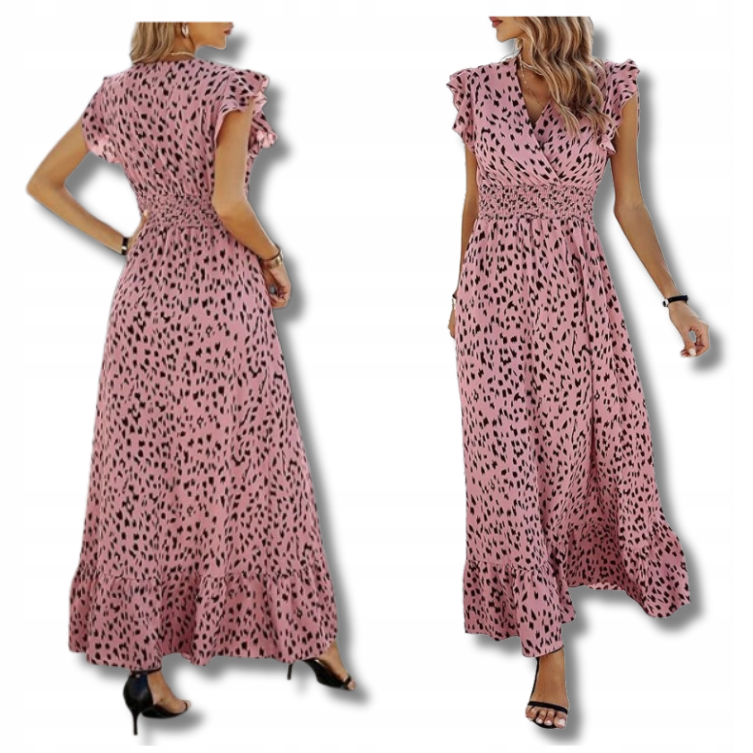 Letní Šaty Maxi vel. S Růžové s černými vzory Vzdušná Šaty