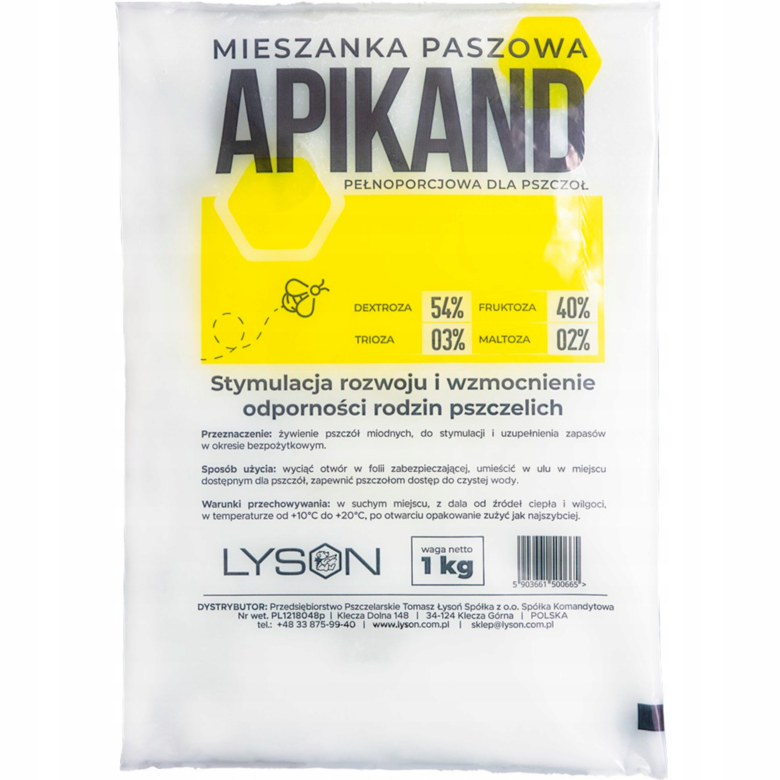 POKARM APIKAND czysty CIASTO dla pszczół 1kg x 5 szt Producent Łysoń