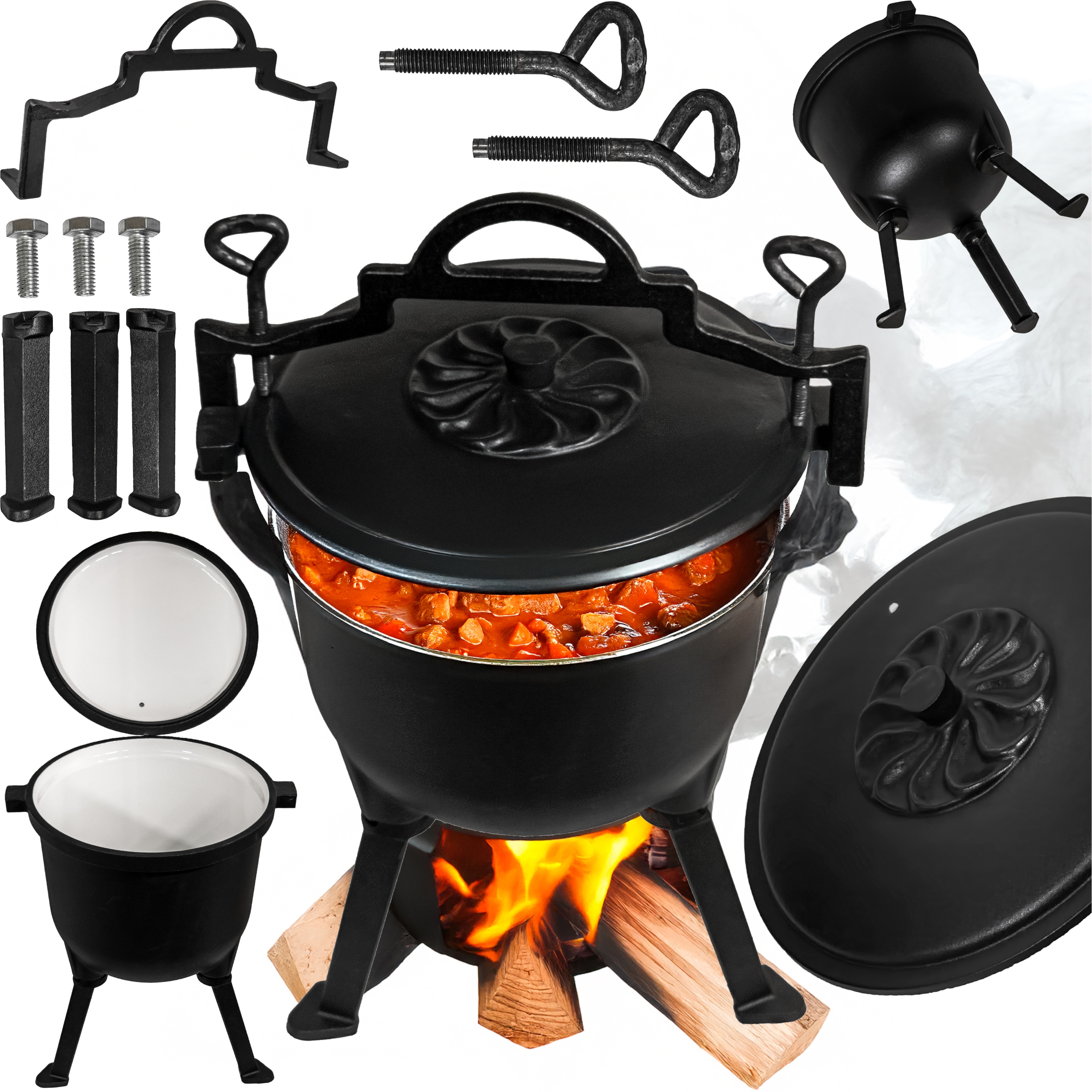 Kociołek Gar Sagan Myśliwski Żeliwny Pokrywa Trójnóg Emaliowany Ogniska 10L