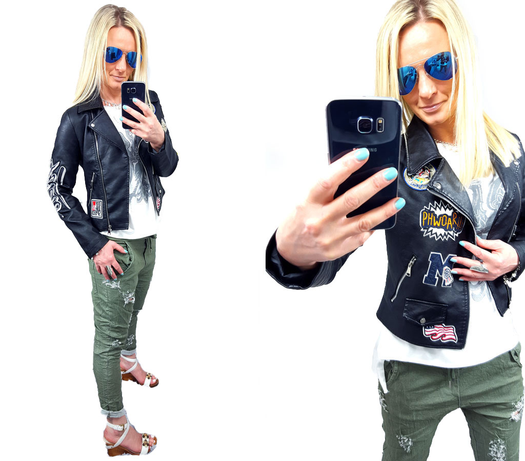 

Kurtka Skóra Ramoneska Moto Biker Haft Naszywki M