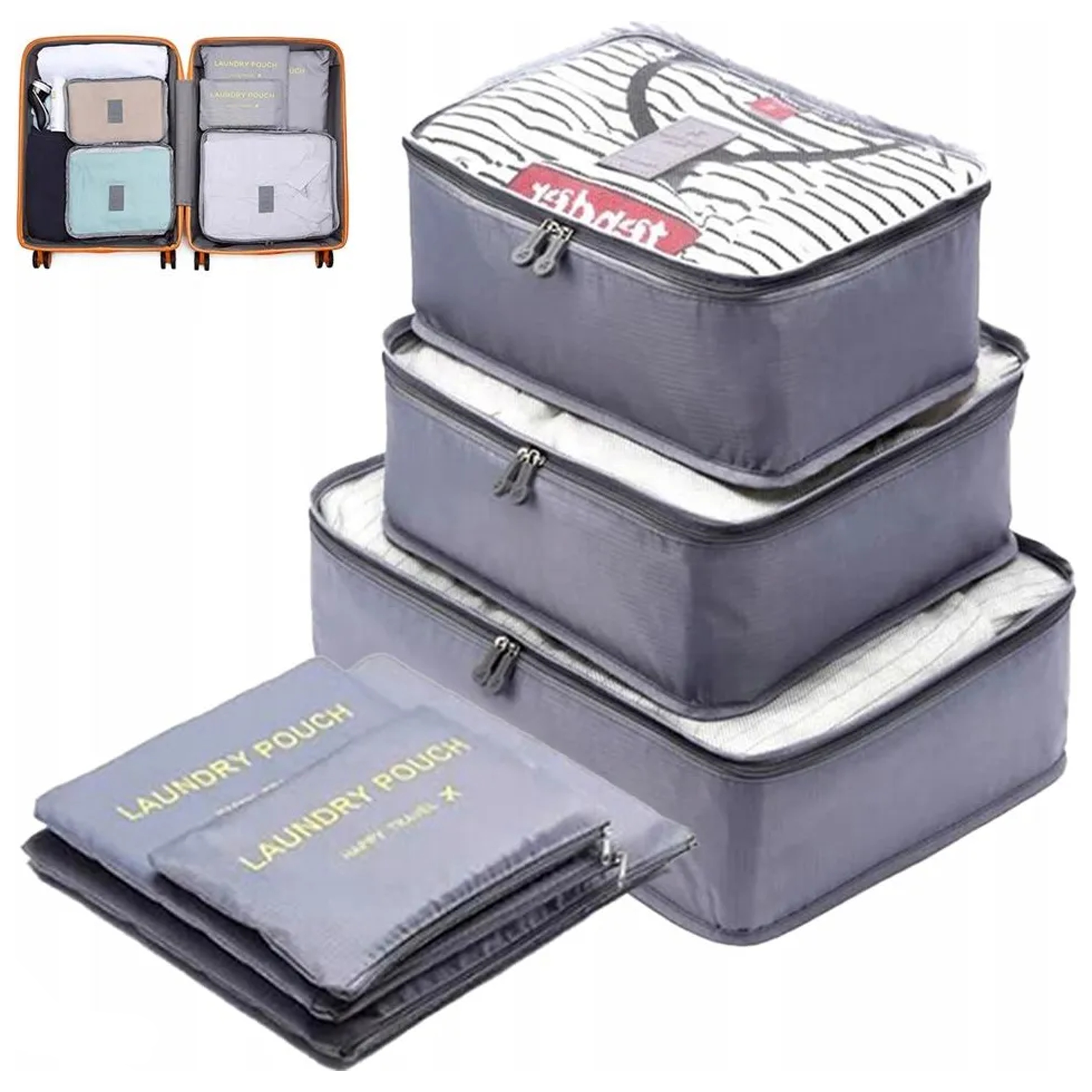 KOMPLET 7 SZTUK ORGANIZERÓW PODRÓŻNYCH DO WALIZKI NA ODZIEŻ BUTY BIELIZNĘ Szerokość produktu 26 cm