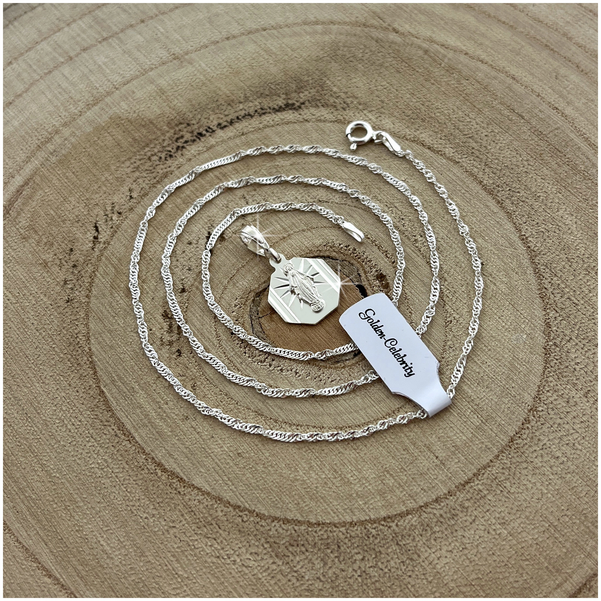 SREBRNY ŁAŃCUSZEK SINGAPUR + MEDALIK PRÓBA 925 MATKA BOSKA CUDOWNA + GRAWER Marka Golden Celebrity
