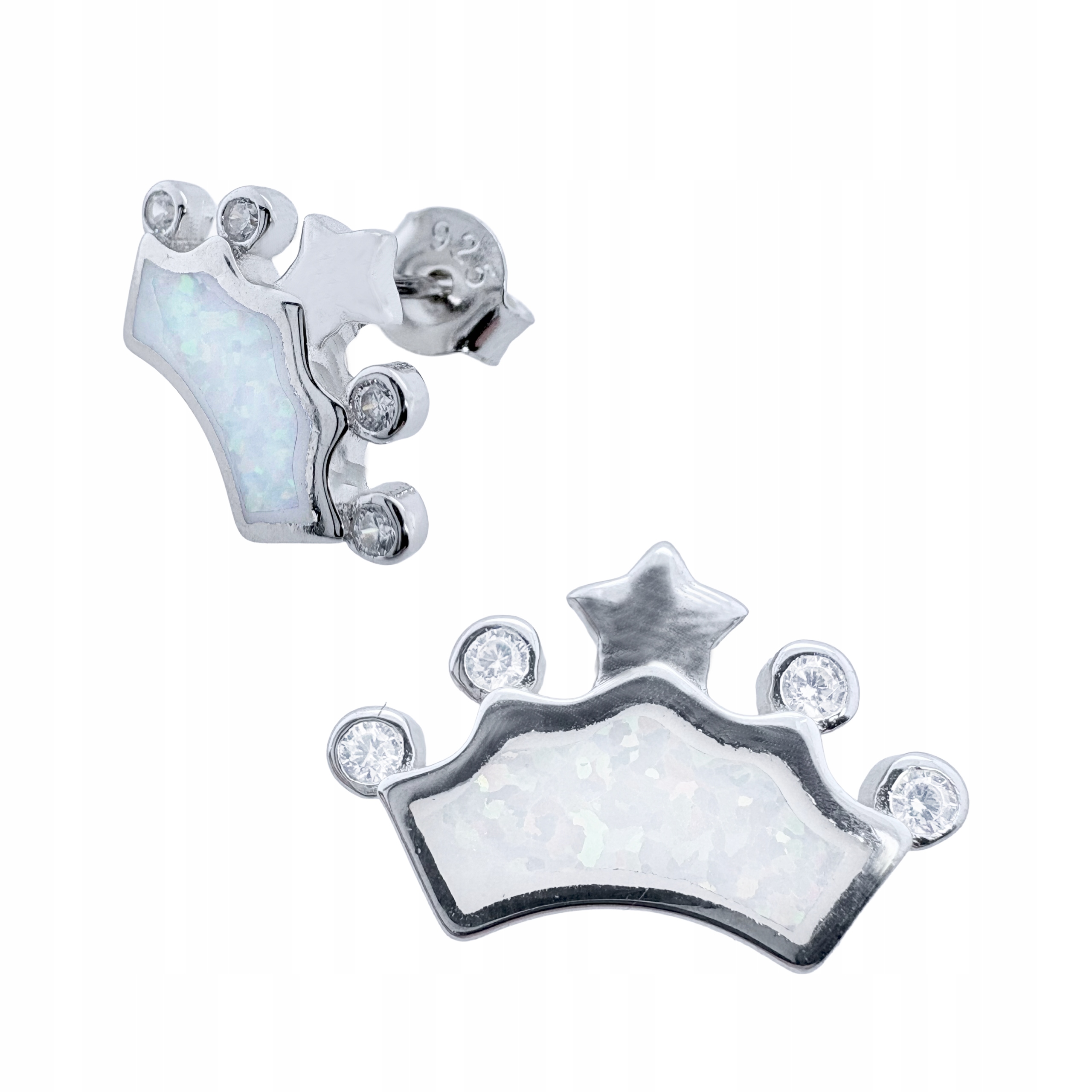 Stříbrné Náušnice S Přírodním Bílým Opálem Koruna Tyčinky Šrouby Ryzost 925