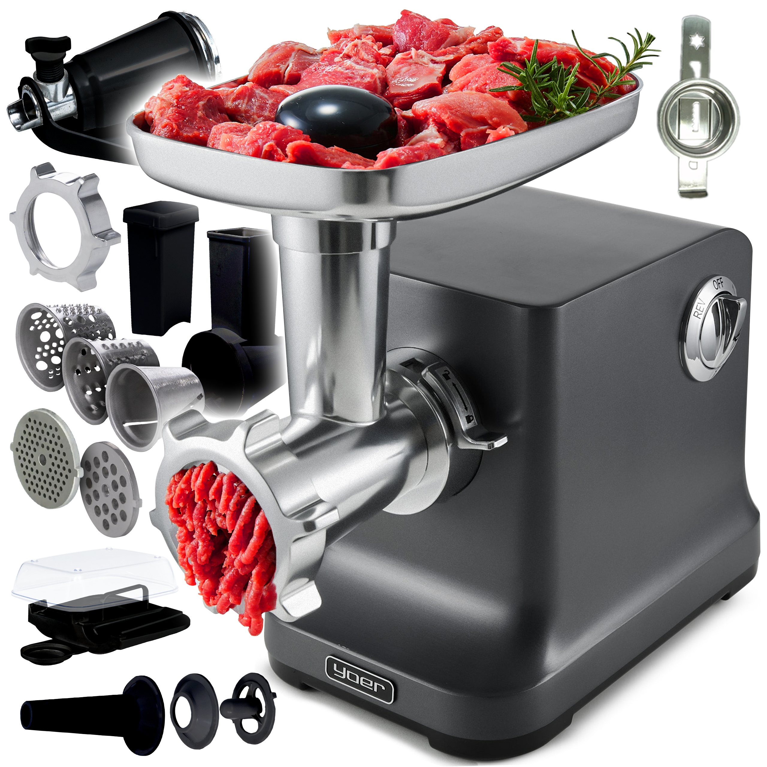Maszynka do mięsa 6w1 Metalowa Yoer 2100W 3,5kg +Szatkownica +27 Elementów