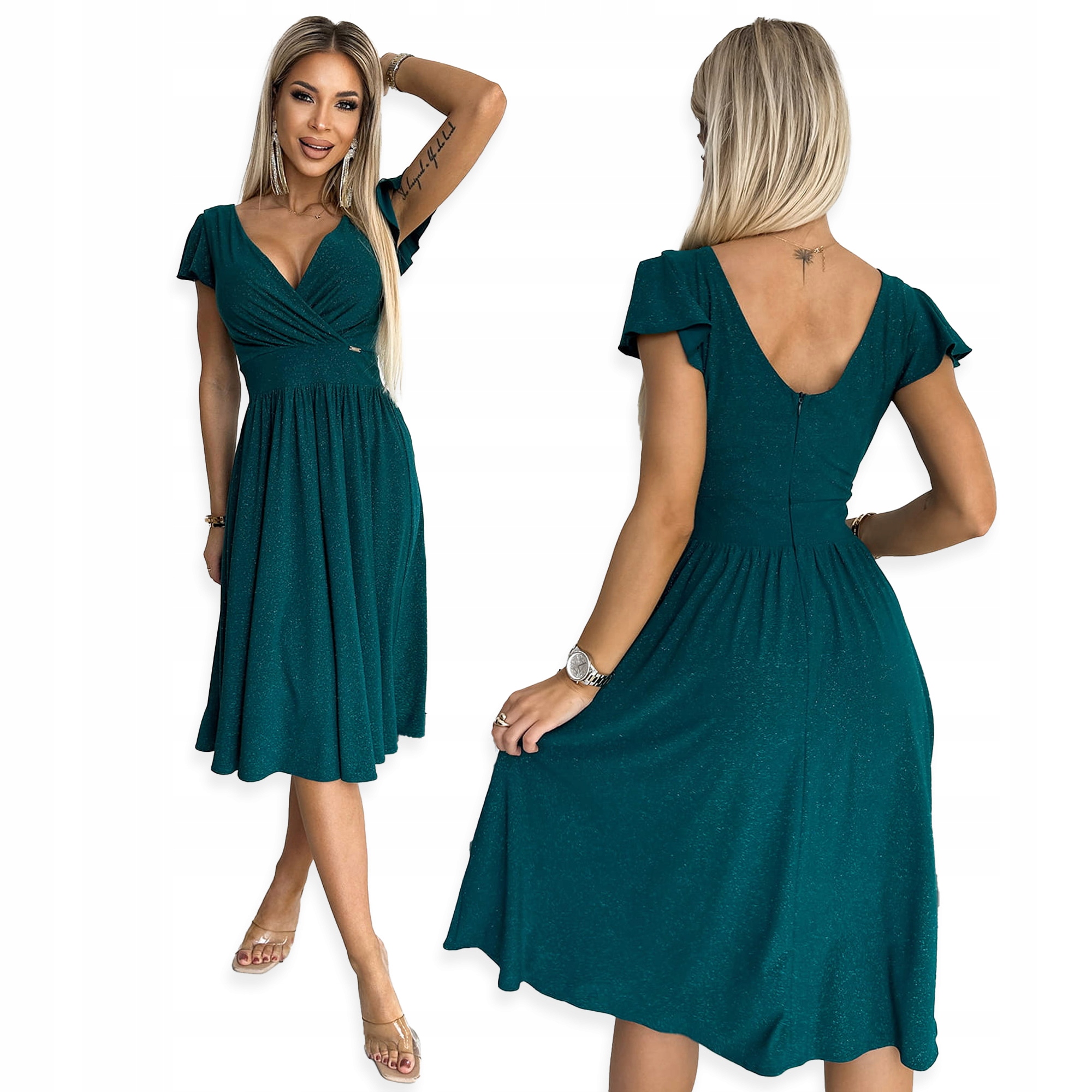 Matilde Šaty s výstřihem a krátkým rukávem Numoco Zelená Brokatová S