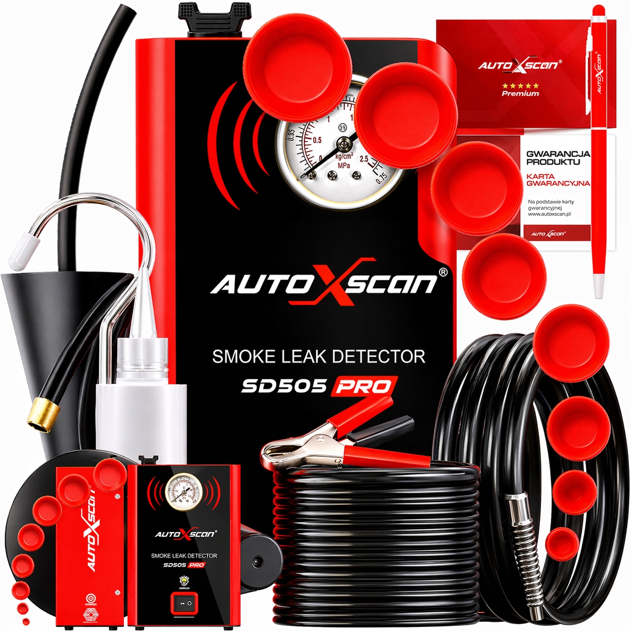 Dymiarka Autoxscan SD505PRO vstavaná Pumpička Manometer Kužeľ Sada Adap