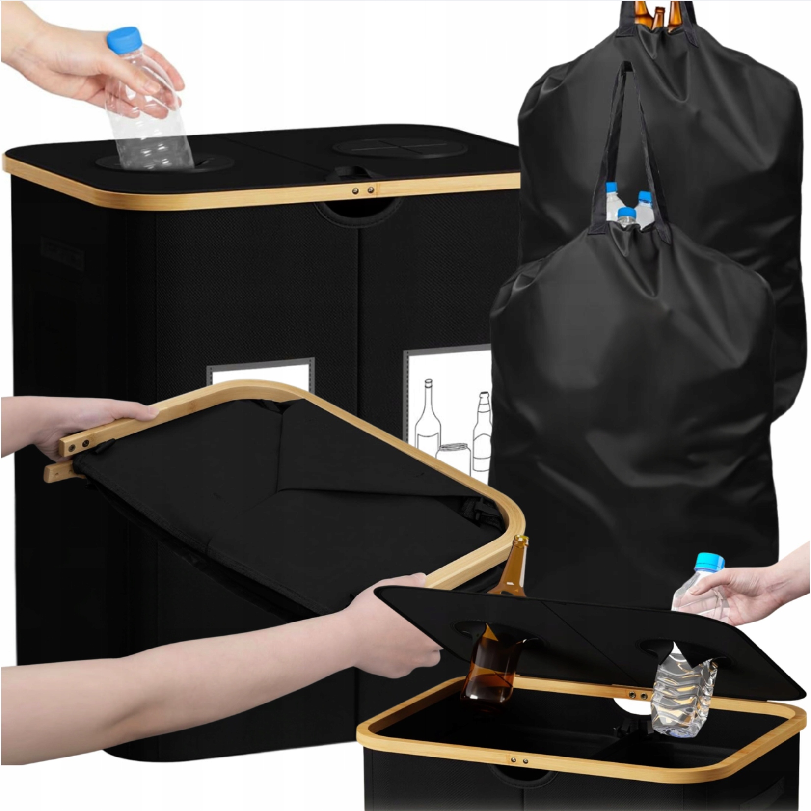 Skládací Koš 150 L 2 Komory Sklo Plechovky Plastové Lahve 2 Sáčky