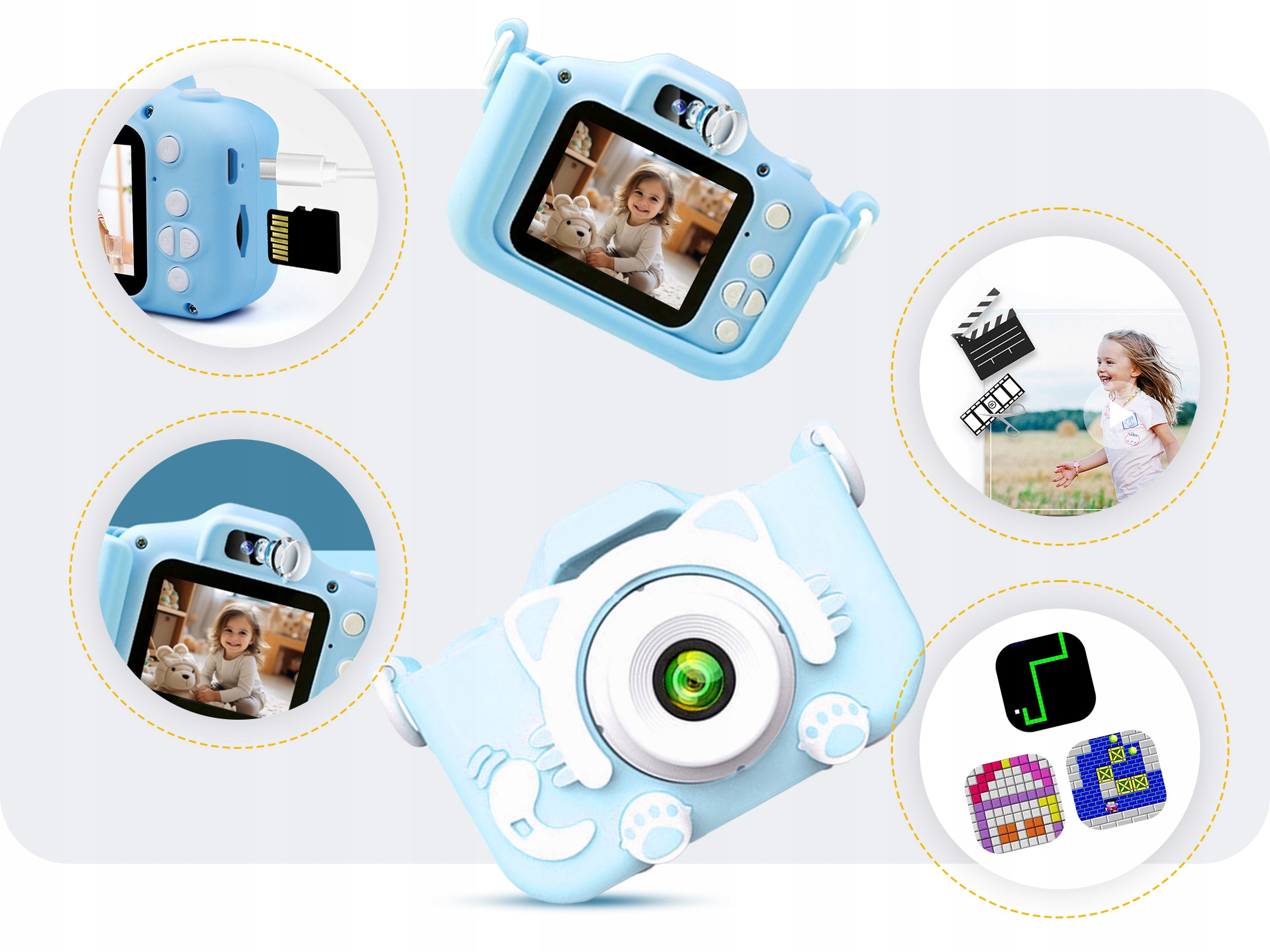 KAMERA DLA DZIECI APARAT FOTOGRAFICZNY KOTEK + KARTA 8GB + SMYCZ ZESTAW Wizjer elektroniczny