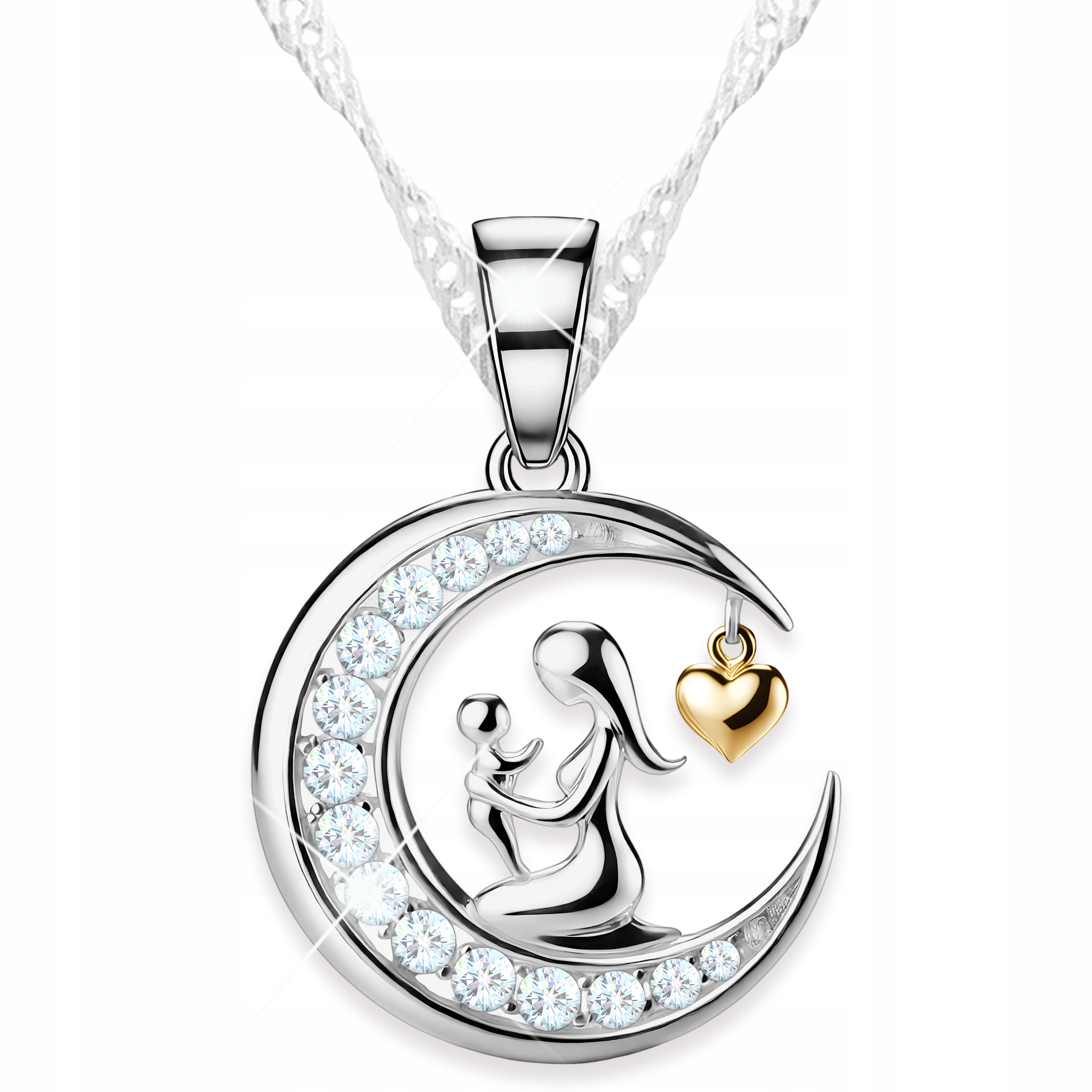 Naszyjnik Srebrny Półksiężyc z Cyrkoniami Mama Matka z Dzieckiem Srebro 925