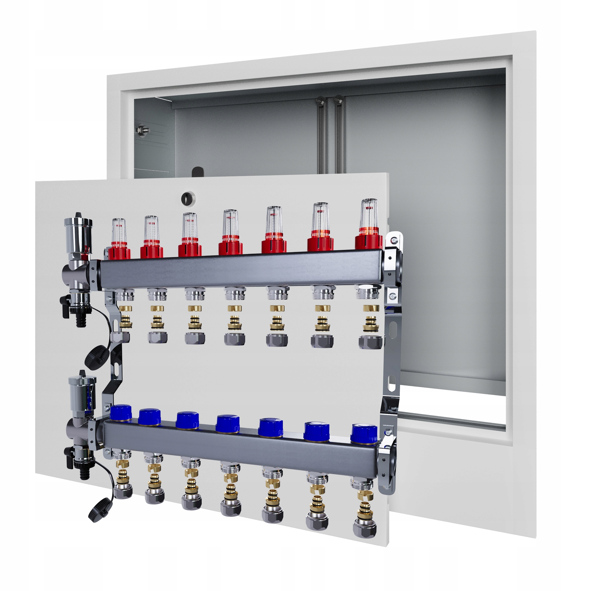 Rozdělovač pro podlahové vytápění 7 nerezový +pex podomítková skříňka