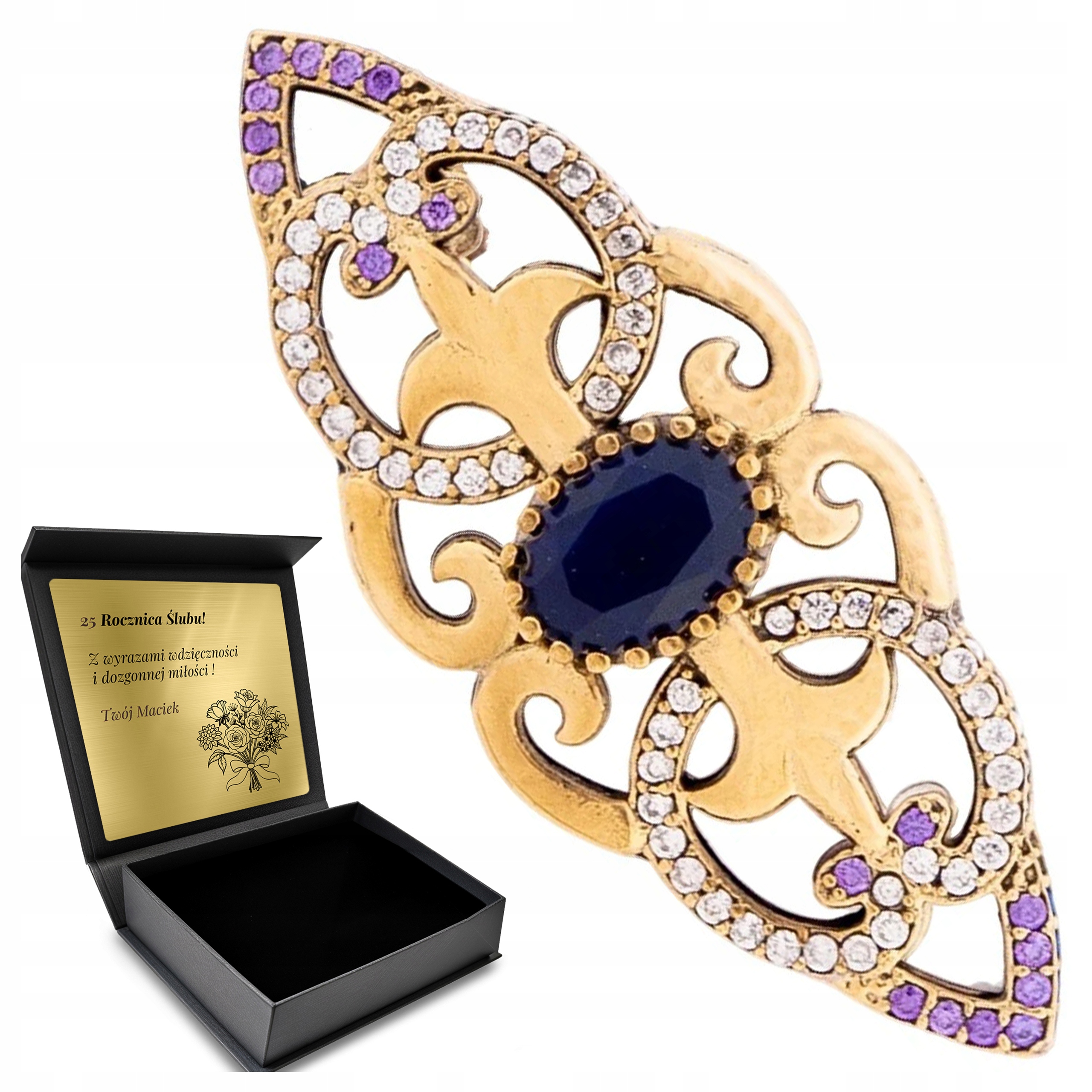 Brož Stříbrná Se Zirkonem A Safírem Dárek pro ženu Krabička Gravírování