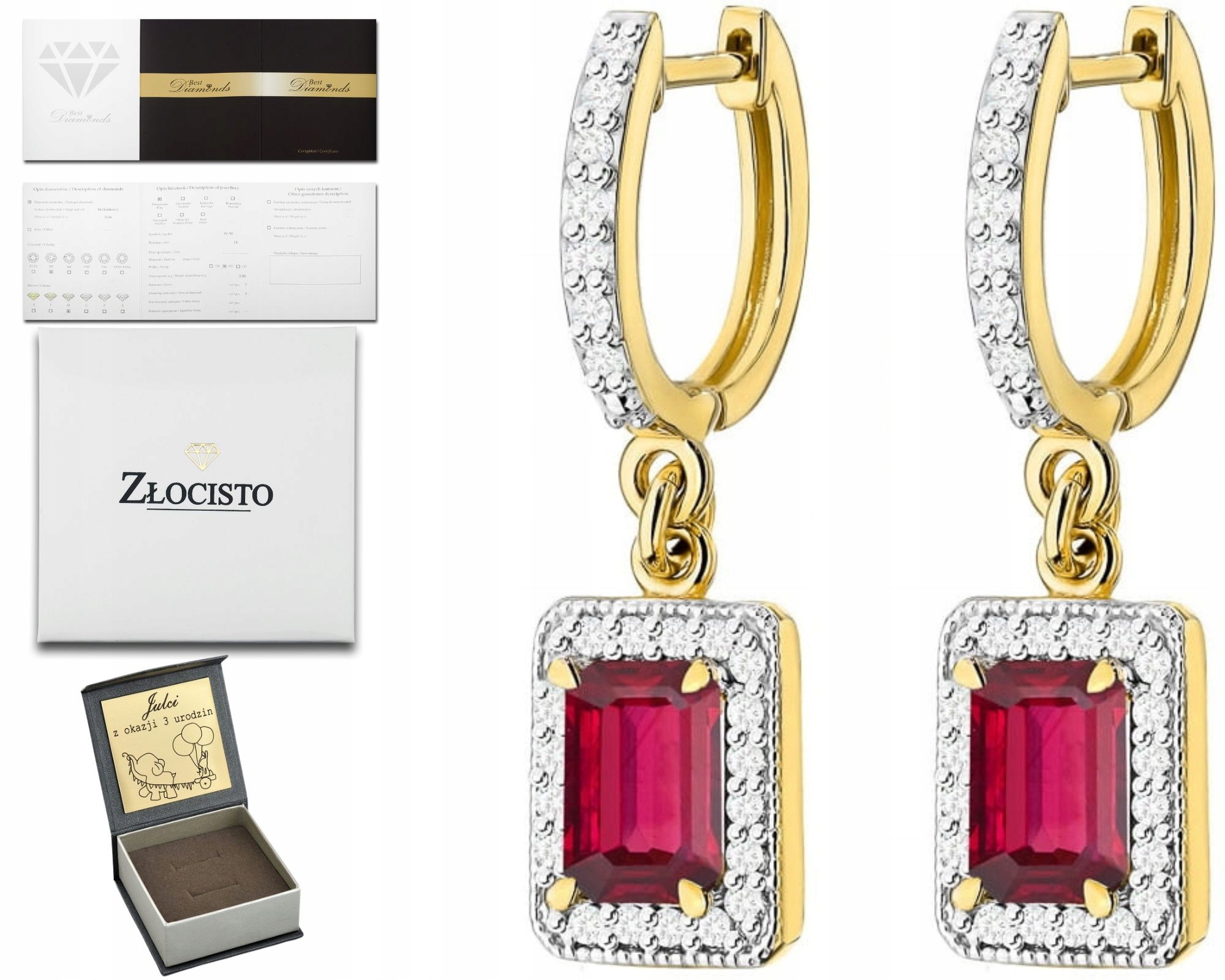 Zlaté Náušnice 585 Krvavý Přírodní Kámen Rubín A Briliantové Diamanty
