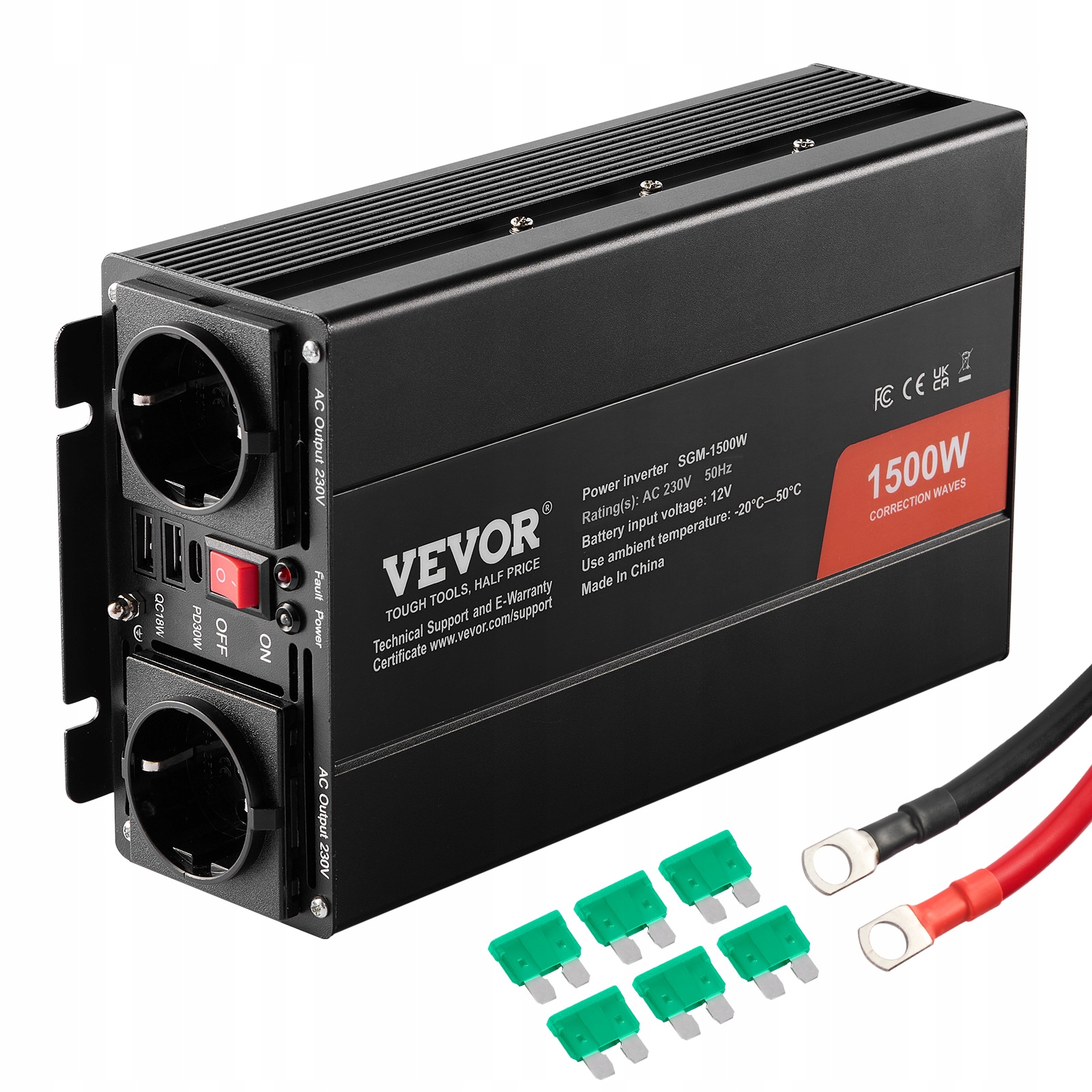 Vevor Sínusový Menič 1500W DC 12V Ac 230V 2 Usb Konektory Type-c