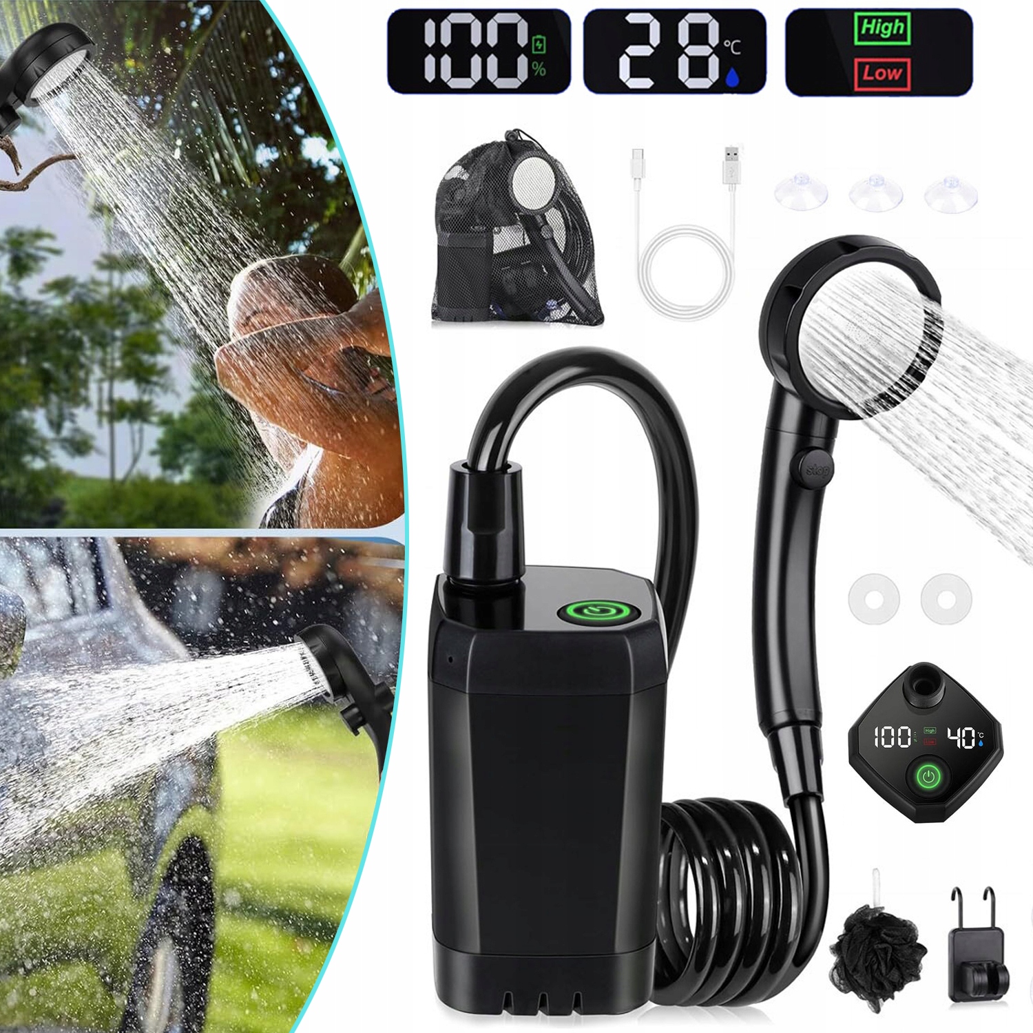 Turistická Kempingová Sprcha Pod Stan Přenosná Sprchová Pumpa Usb Led