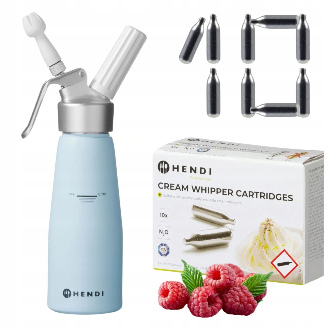 Modrý pastelový sifon na šlehačku 0,5 l 10 nábojů N2O Hendi 975862