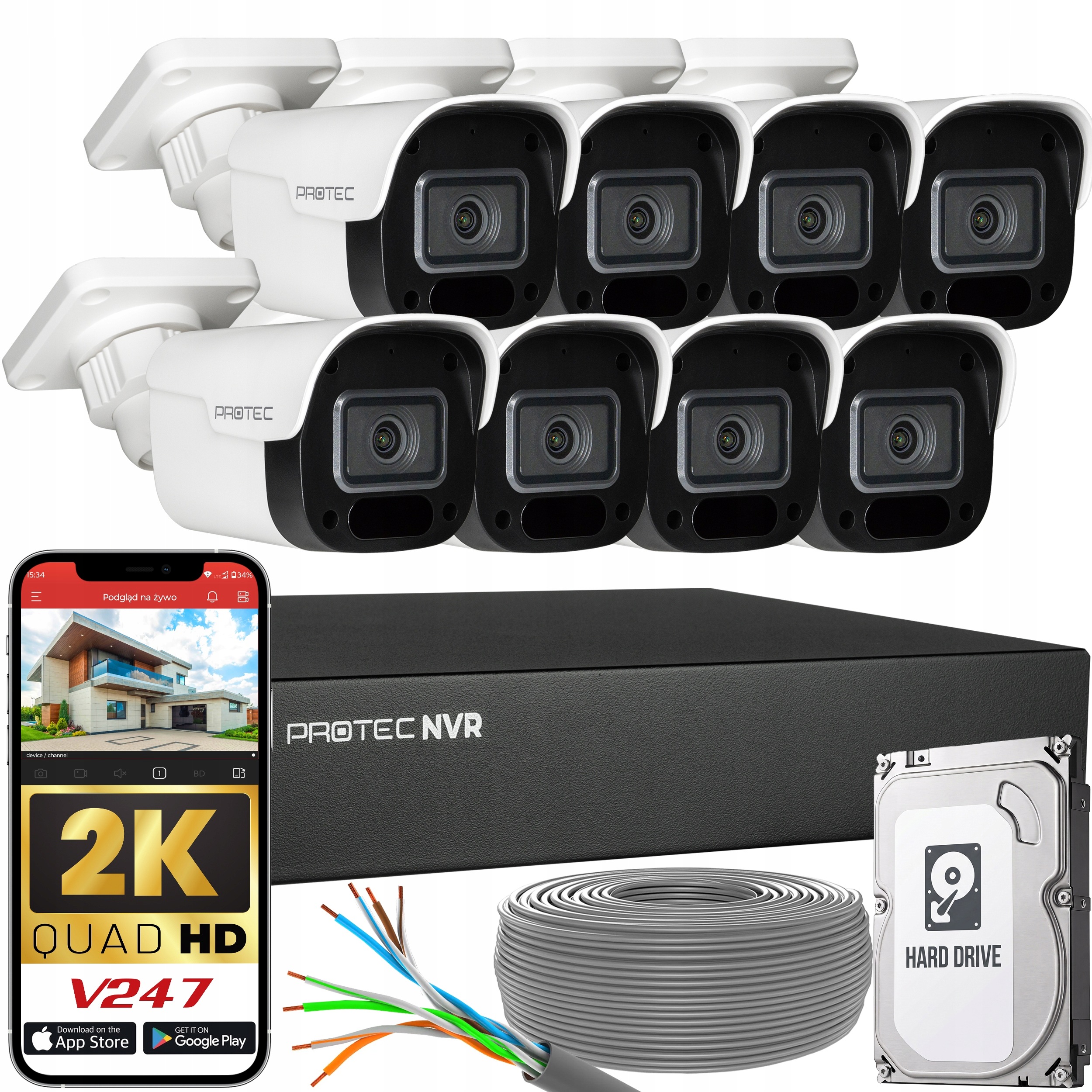 Zestaw Do Monitoringu 8 Kamer Ip PoE 4Mpx z Mikrofonem Podgląd z Hdd