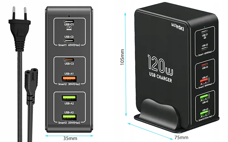 MULTIFUNKCYJNA Ładowarka SIECIOWA 120W STACJA ŁADUJĄCA 6 URZĄDZEŃ NA RAZ Przewód w zestawie tak