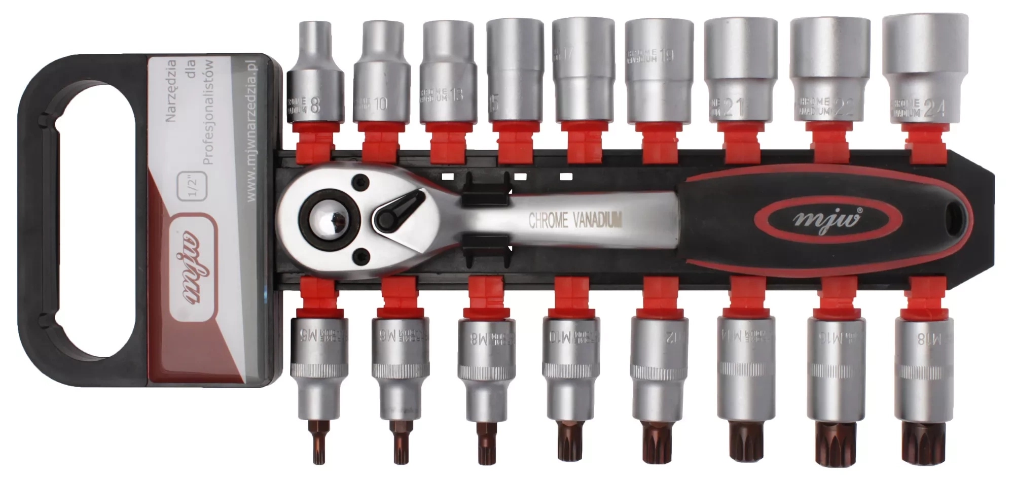 Sada nástrčných klíčů 1/2 12-hran a Spline s ráčnou Mjw