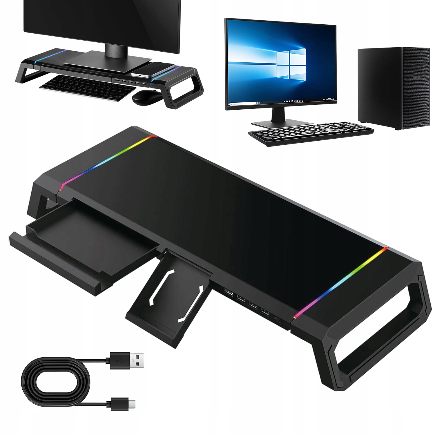 Stolek Pod Monitor Nastavitelná Výška Rgb Led 4 Usb 3.2 Šuplík