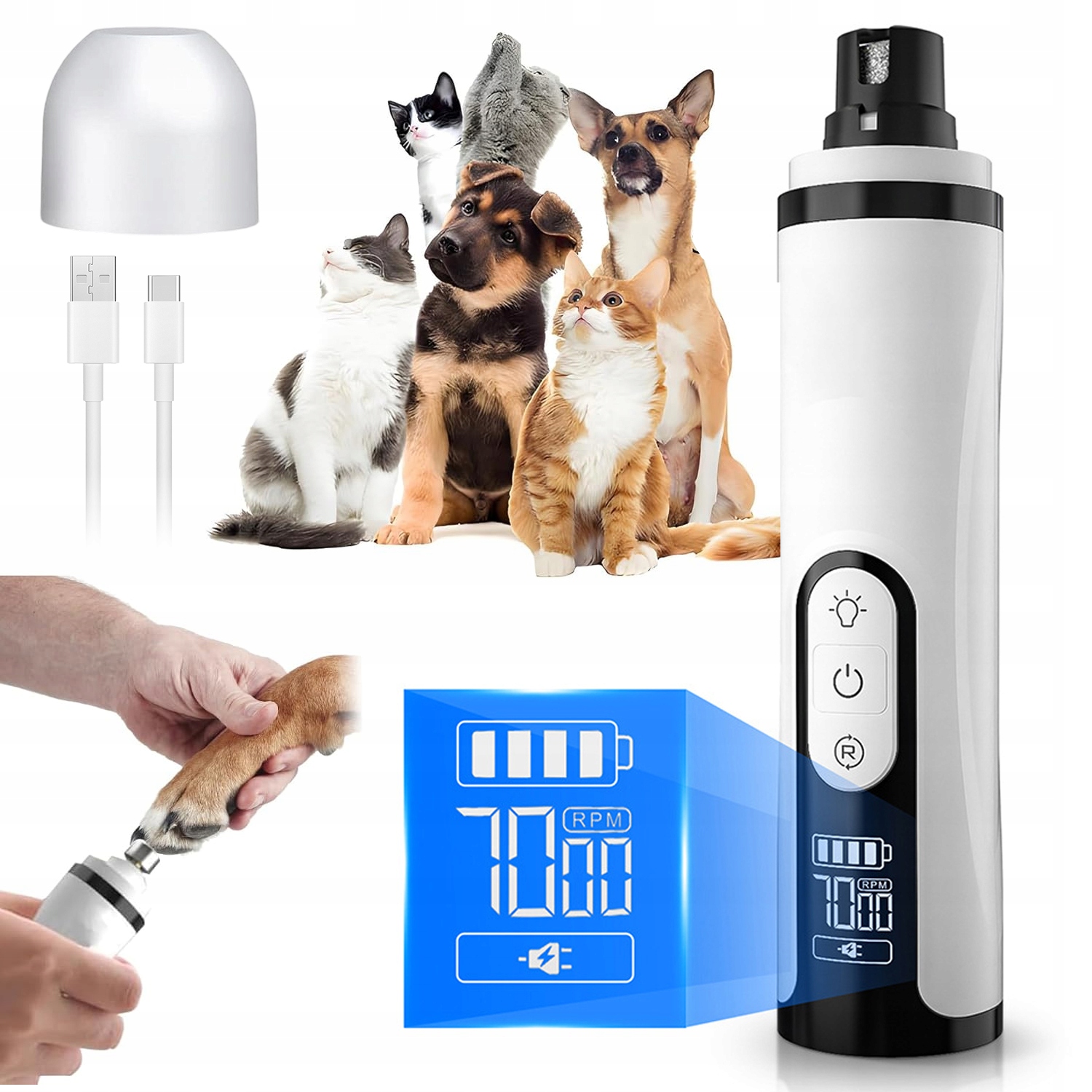 Levně Elektrický Pilník Na Drápky Pro Psa, Kočku, Tichý, 3 Rychlosti, Led 2000 Mah, Bílý