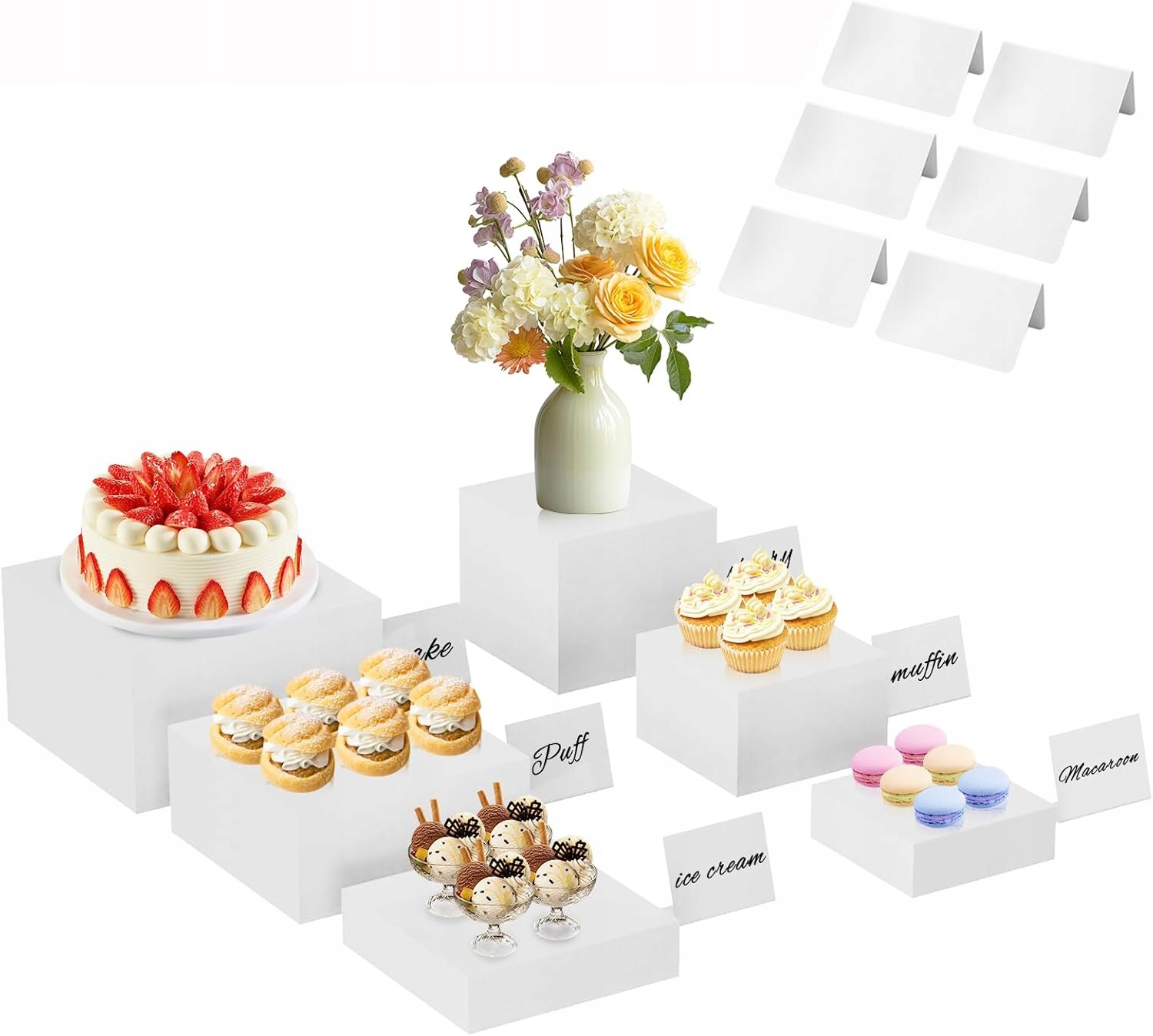 Podesty ekspozycyjne na słodki stół bufet 6 szt z tabliczkami akrylowe biel