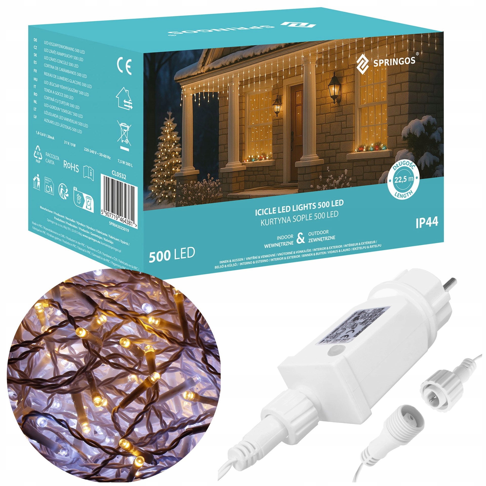 Venkovní Osvětlení Rampouchy 500LED 22,5M Časovač IP44 Záclona Bílá Studená Teplá