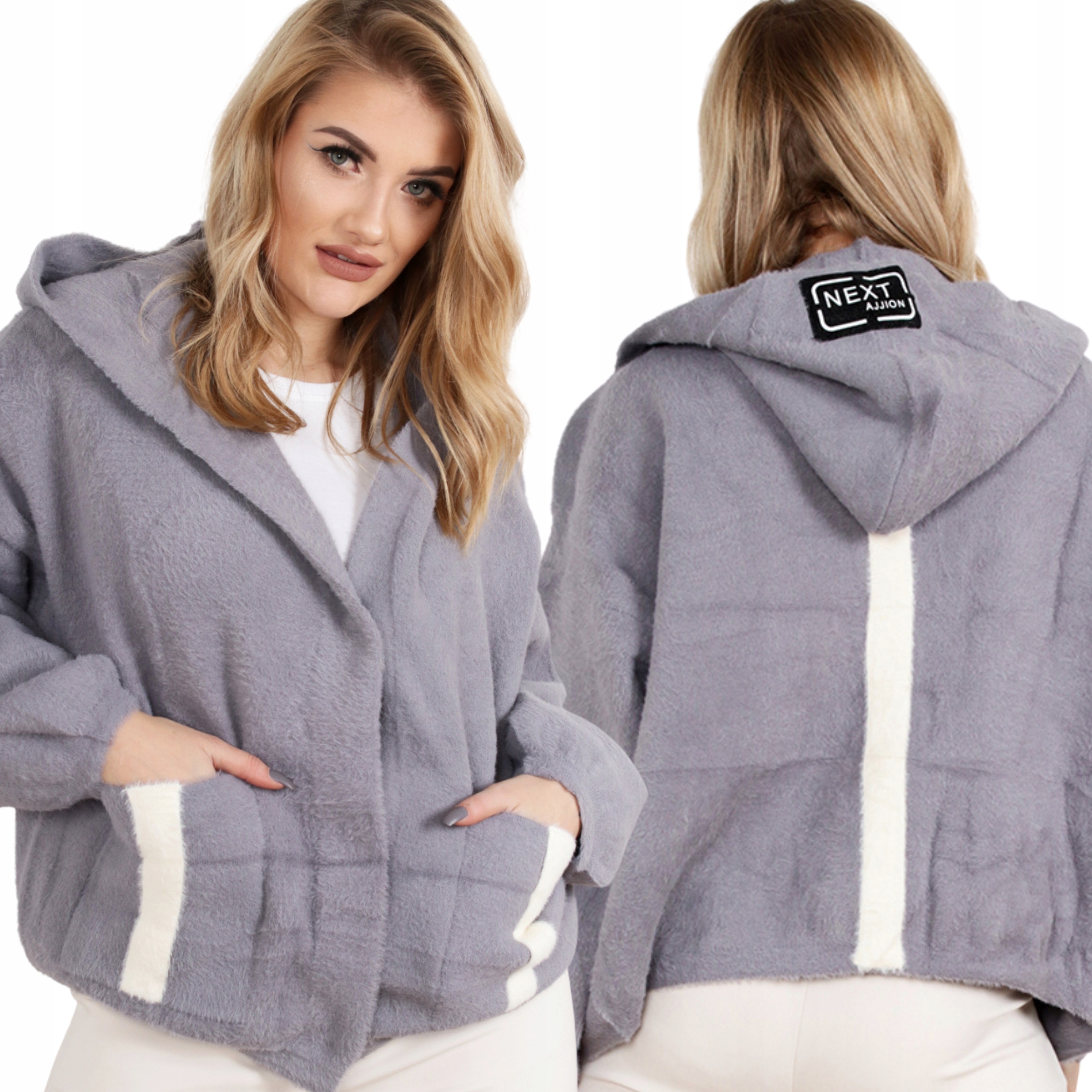 Alpaka Damska Płaszcz Kurtka Sweter Ciepła Krótka Kaptur Napy 1959