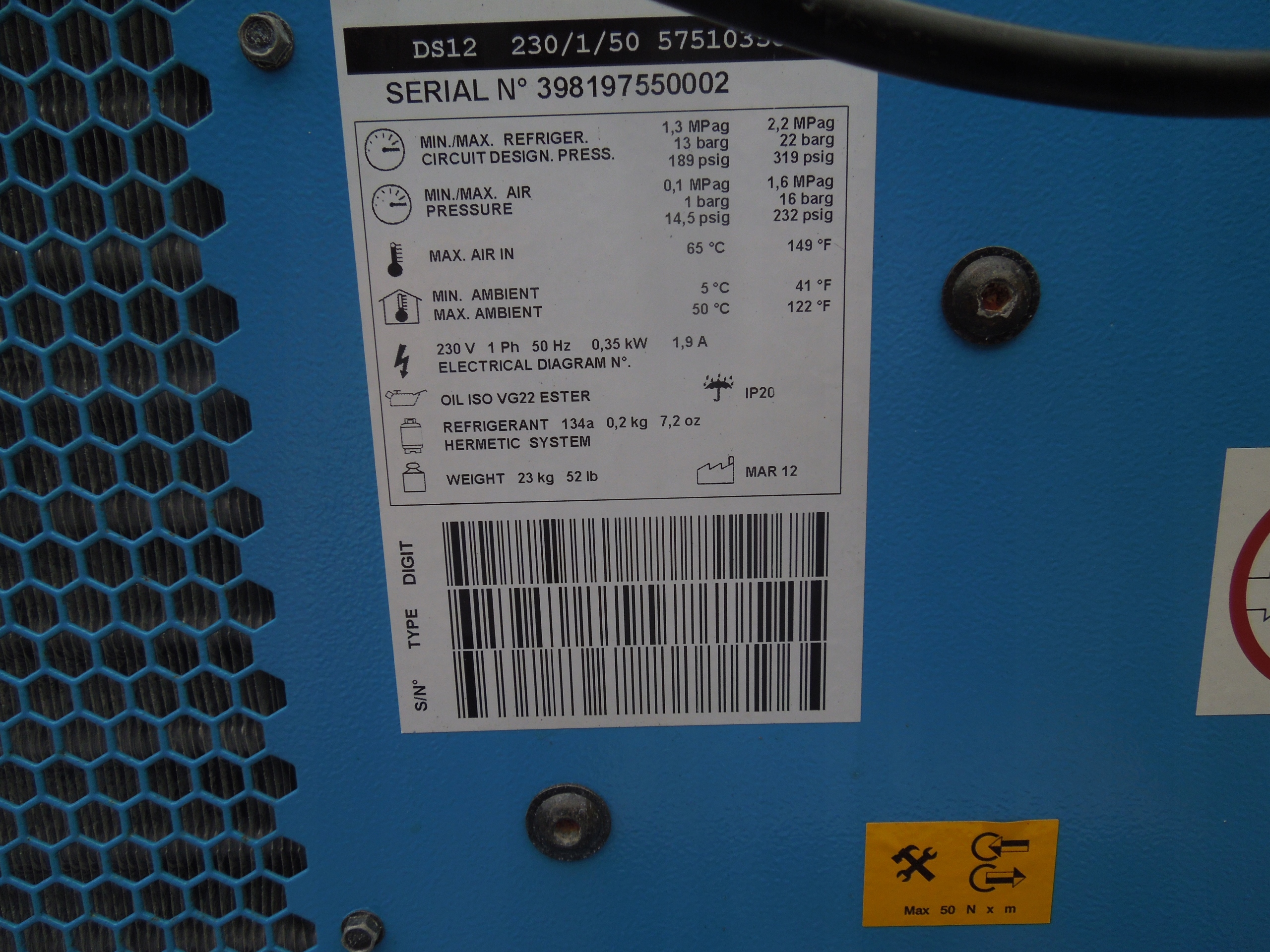 OSUSZACZ ZIĘBNICZY BOGE DS12 1,20m3/min 12rok Numer katalogowy części WA.02.008