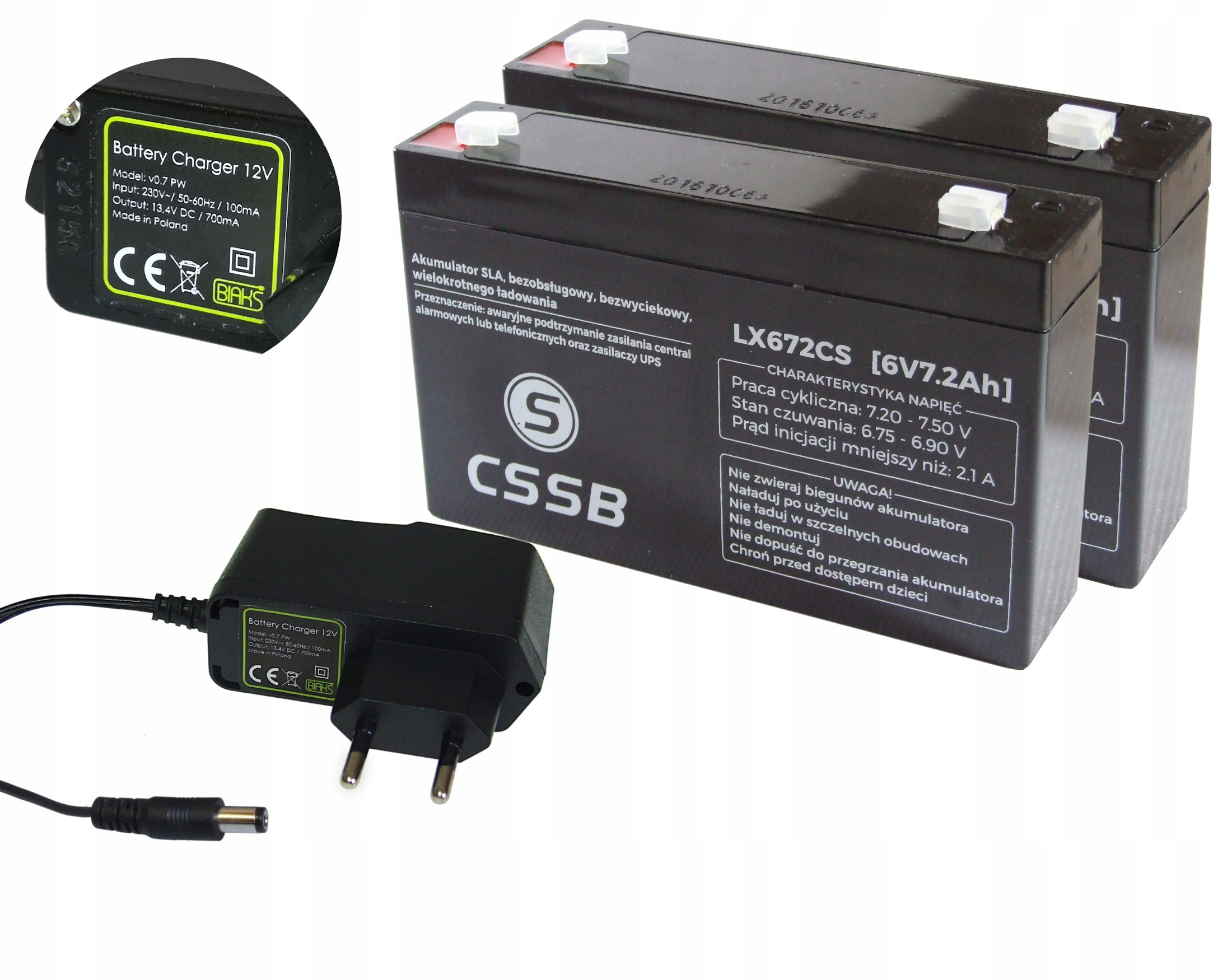 Zestaw 2x Akumulator Agm 6V 7,2Ah Cssb (wymiar 7Ah) Ładowarka 12V Wtyk