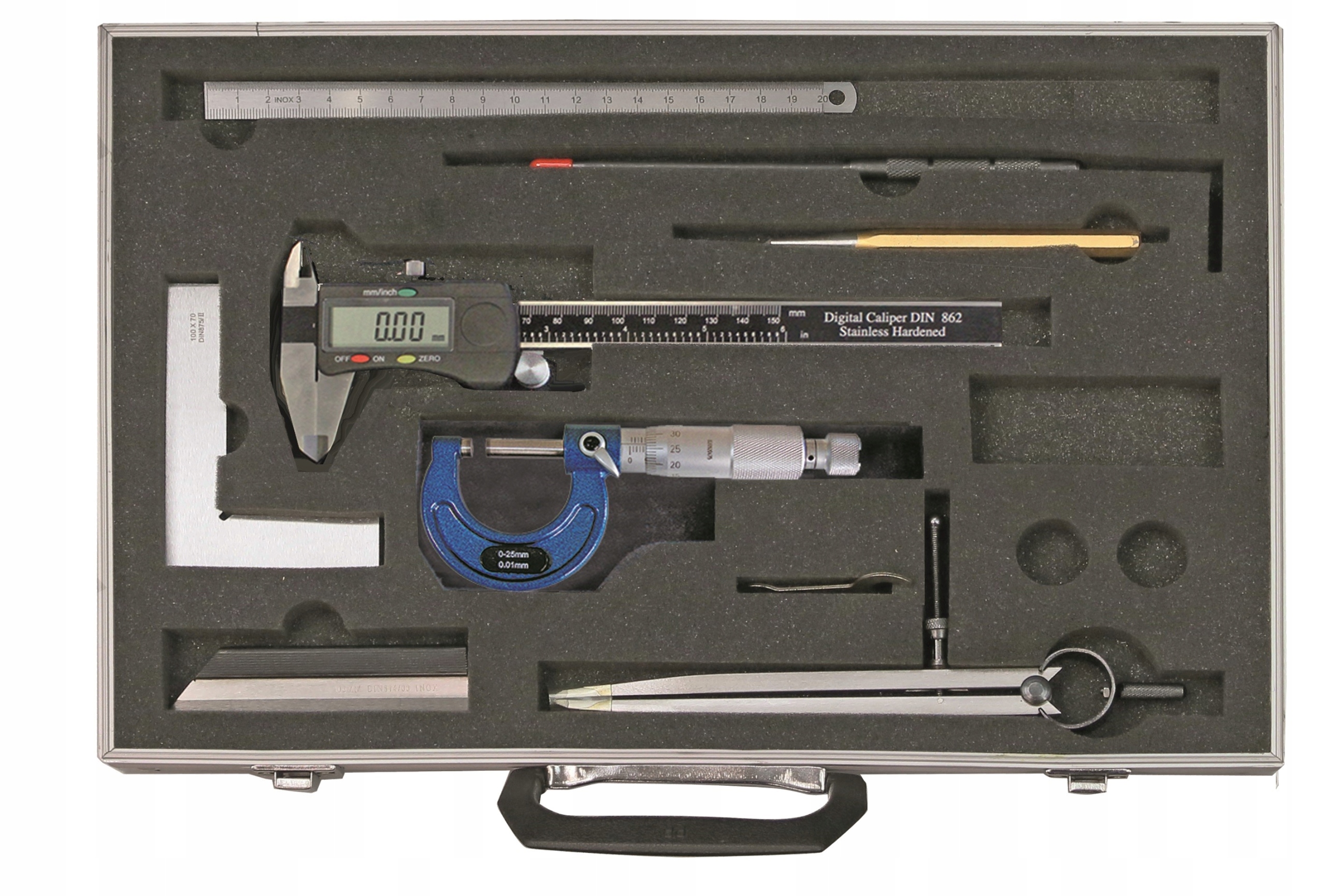 Posuvné Měřítko Mikrometr Úhelník Linka Kružítko Bodovka Sada 8 Ks