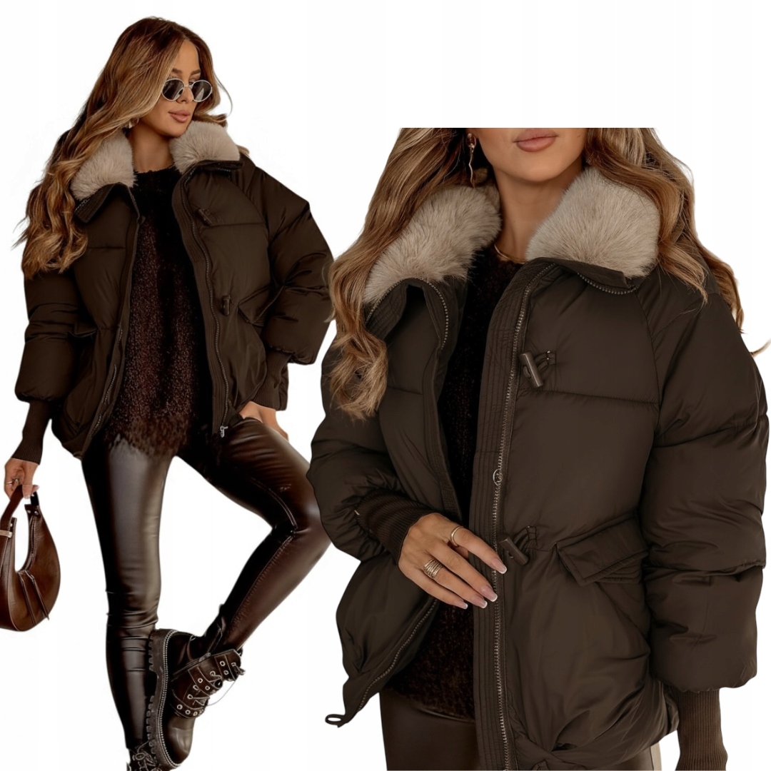 Dámská prošívaná zimní bunda s kožešinou, hnědá, čokoládová, velikost XL
