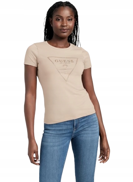 Guess Béžové Dámské Tričko S Krátkým Rukávem A Flitry Xs Gnb