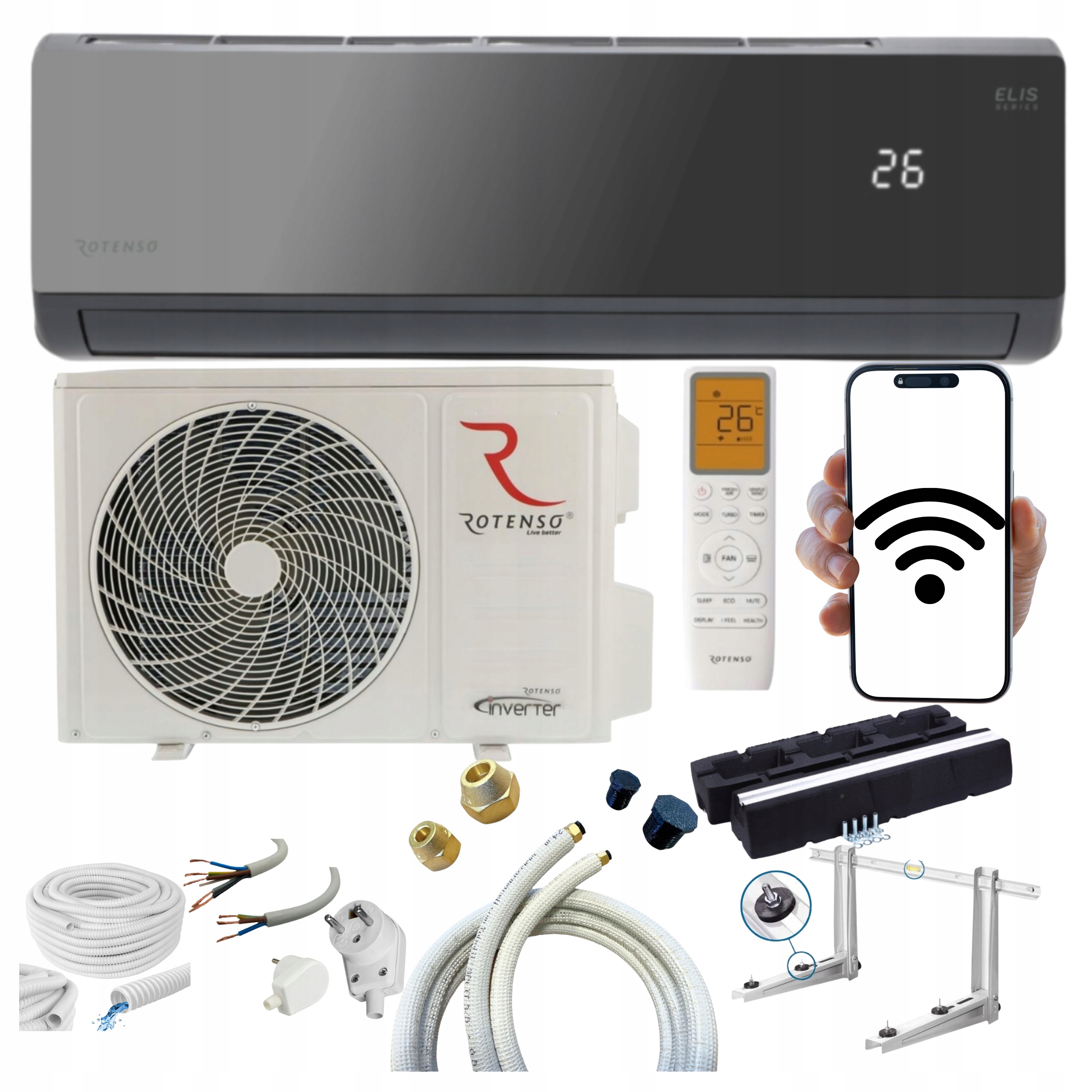 Nástenná klimatizácia Rotenso Elis 3,4 kW 40 m2 Čierna WiFi Pripravená Na Montáž