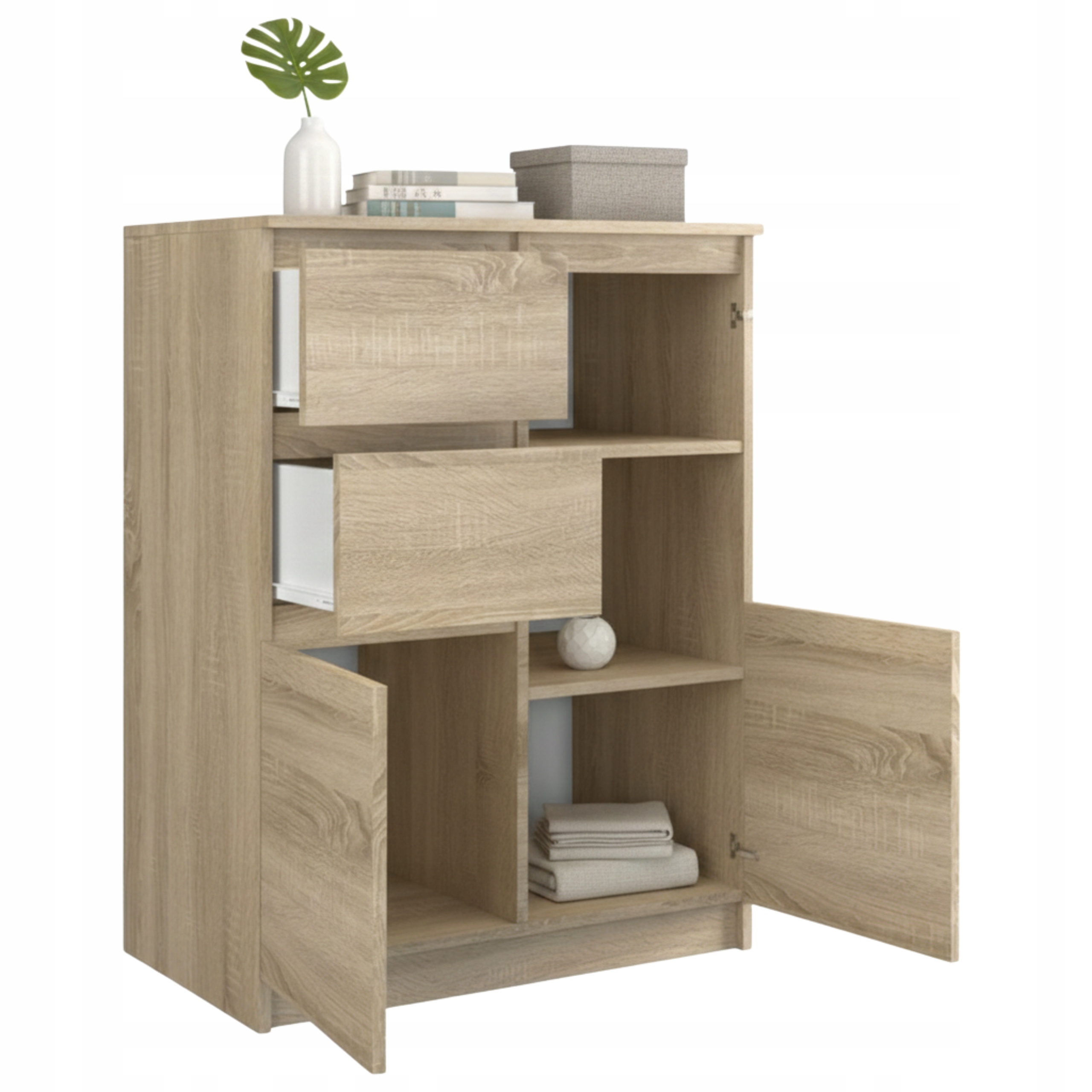 KOMODA 2 DRZWI 2 SZUFLADY DĄB SONOMA BEZUCHWYTOWA 70 cm