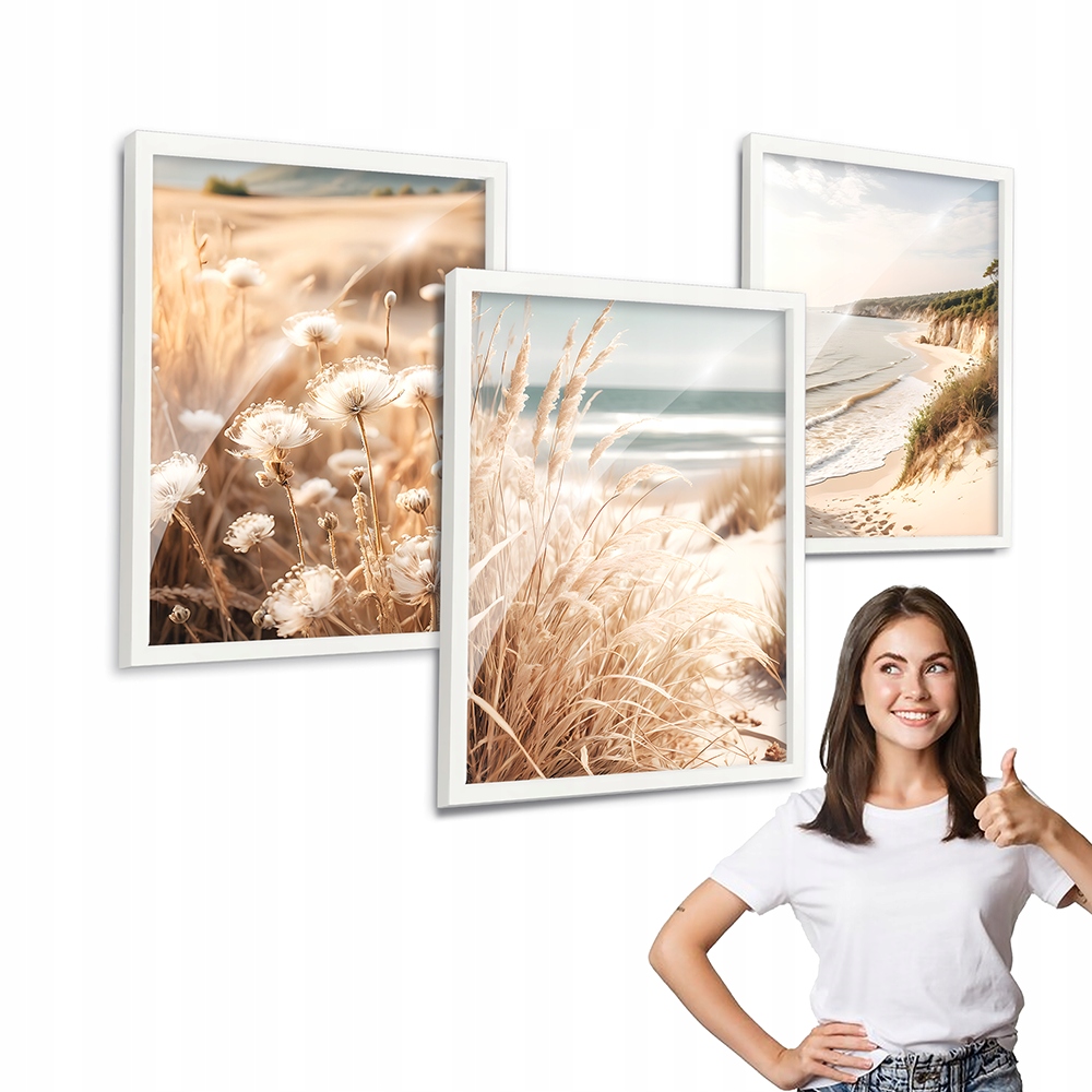 Zestaw 3 obrazów Boho Morze Natura z białą ramką na ścianę 40x50 tryptyk