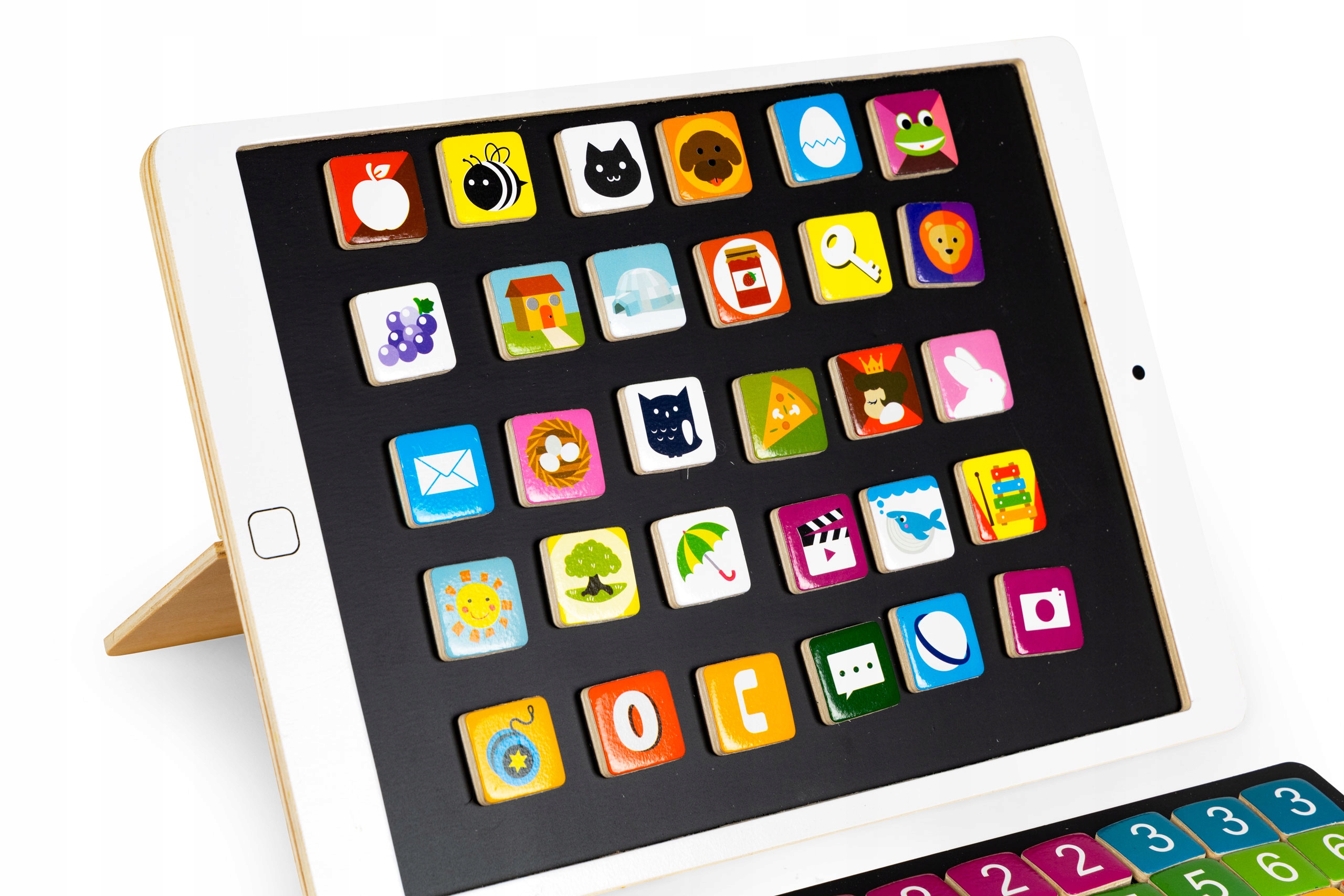 DREWNIANY TABLET EDUKACYJNY TABLICA MAGNETYCZNA 85 ELEMENTÓW Materiał drewno