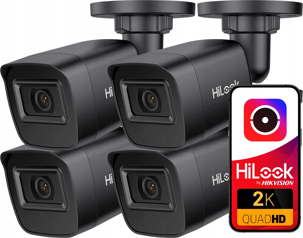 Kamery x4 4MPx 2K+ HiLook od Hikvision IPC-B141H-C Čierne 2.8mm PoE IR20m