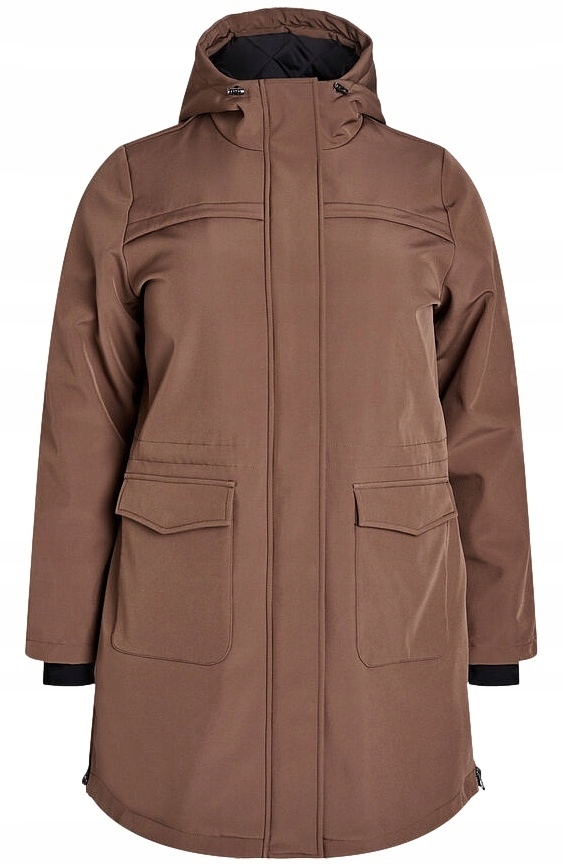 Kabát Plus Size Zizzi Hnědá Dlouhá Softshellová Bunda Kapuce 340A 48