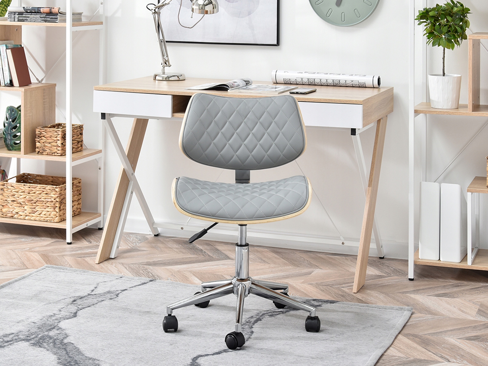 MAŁY PIKOWANY W DIAMENT FOTEL DO BIURKA BRUNO DĄB SZARY EKOSKÓRA CHROM Marka Mebel-Partner