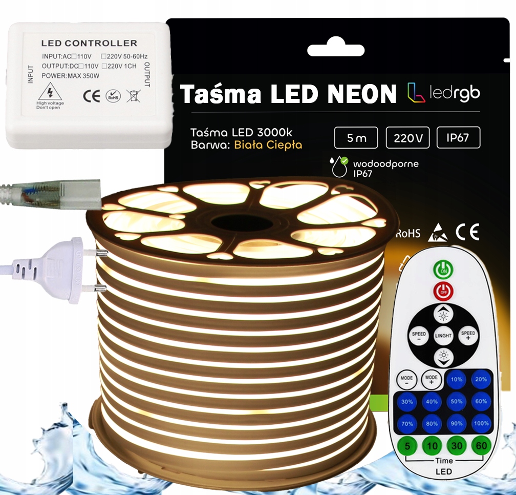 Set Led pásek Neon 230V 5m 3000K Bílý Teplý Napájecí Zdroj Dálkový Ovladač Ovladač